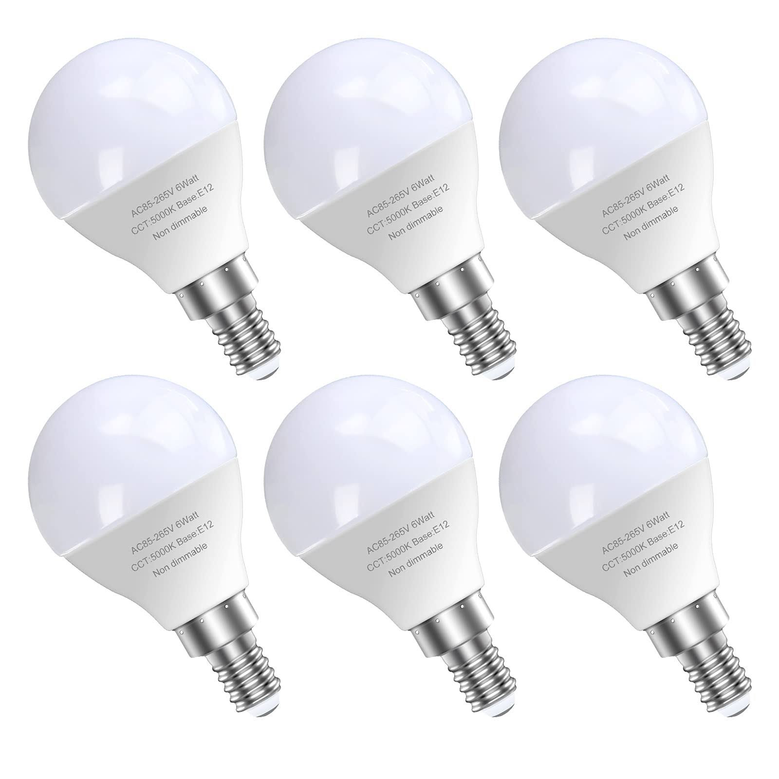 GOSCHE 6 Pack Bright Ceiling Fan Light Bulbs, 60 Watt Equivalent, Daylight 5000K, E12 LED Bulb, A15 Shape Candelabra Base Chandelier Light Bulb, 120V Small