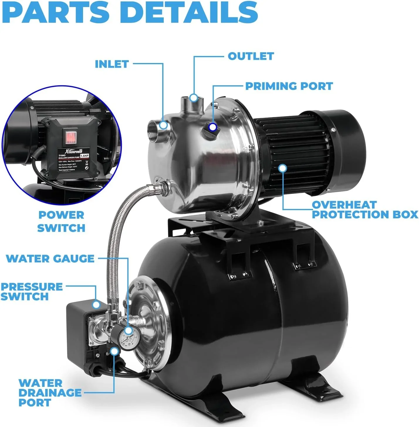 XtremepowerUS 1.6HP Portable Shallow Well Pump, 1268 GPH 120V With Controller, Stainless Steel, For Sprinkler, Irrigation, Garden, Lawn Water Transfer