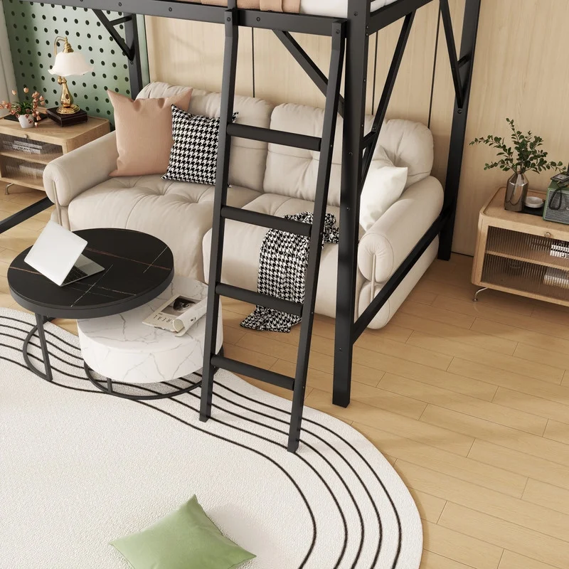Queen Size Metal Loft Bed Frame, Heavy Duty Steel High Loft Bed with Storage Shelves Ladder, Space-Saving Loft Bed for Apartments, Adults, Teens Juniors (Black)(Queen/Black) - Image 5