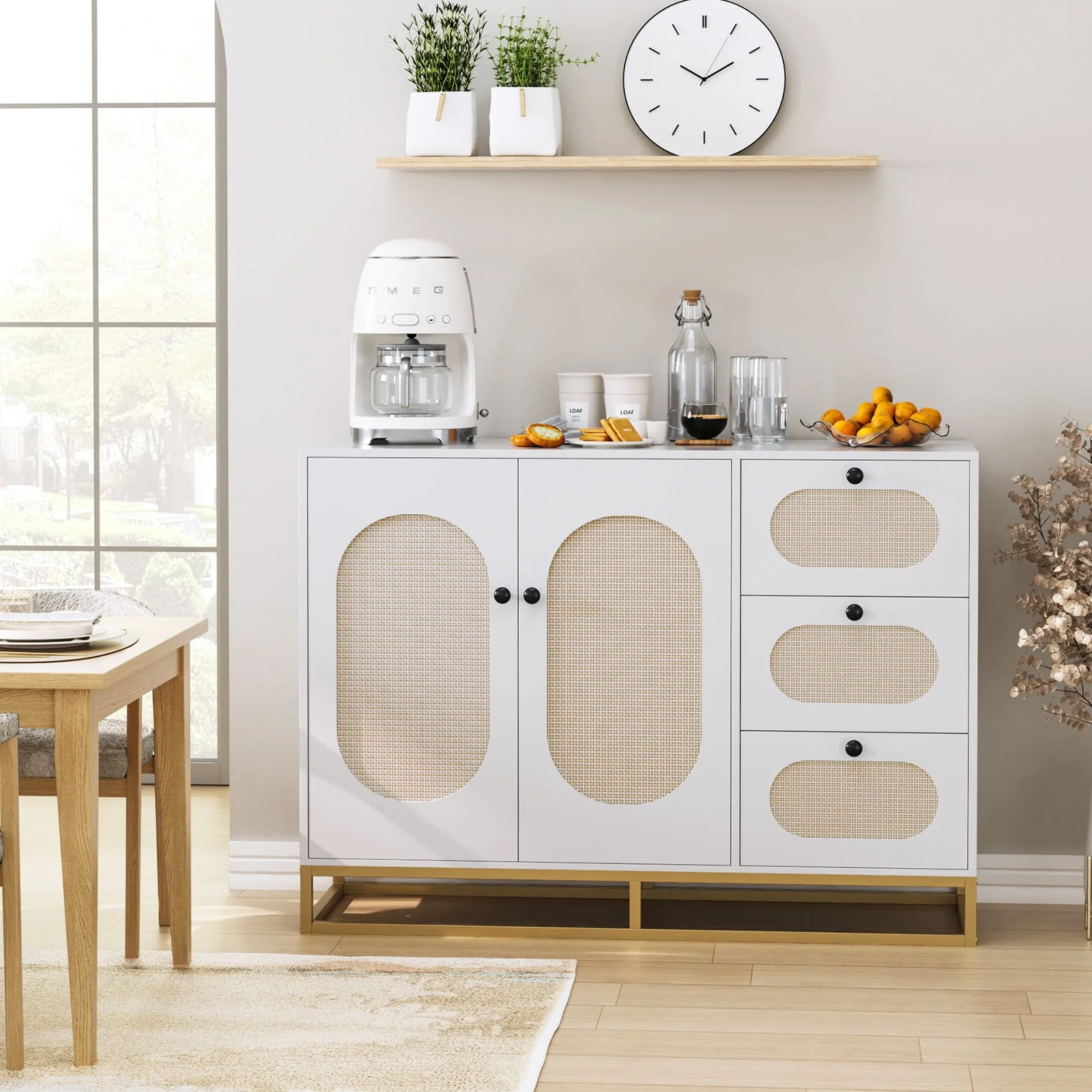 3 Drawers Accent Storage Cabinet, 34 2"H Gold Buffet Sideboard with Rattan Doors for Living Room, White Image 5