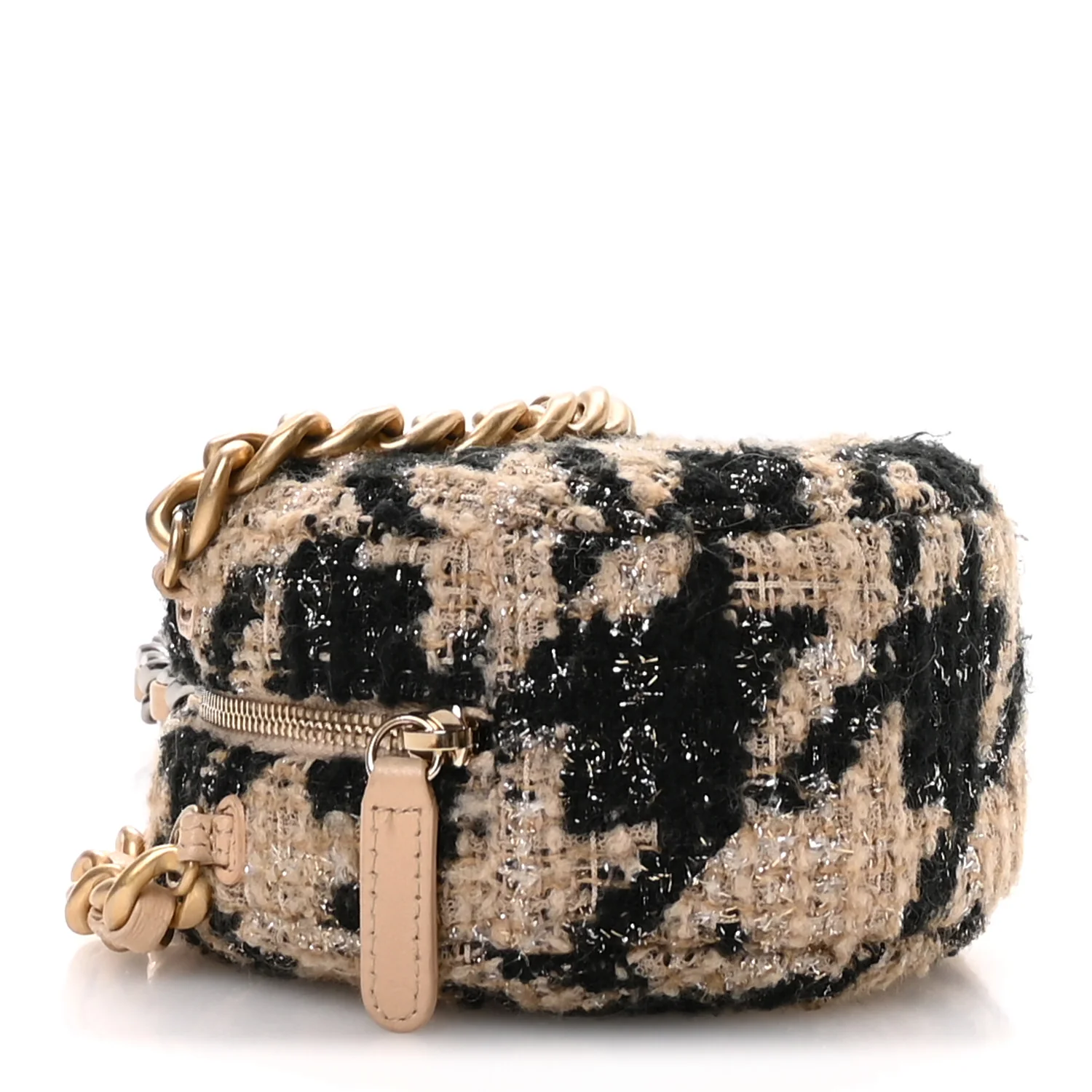 Wool Tweed Lambskin Quilted Chanel 19 Round Clutch With Chain and Coin Purse Beige Black