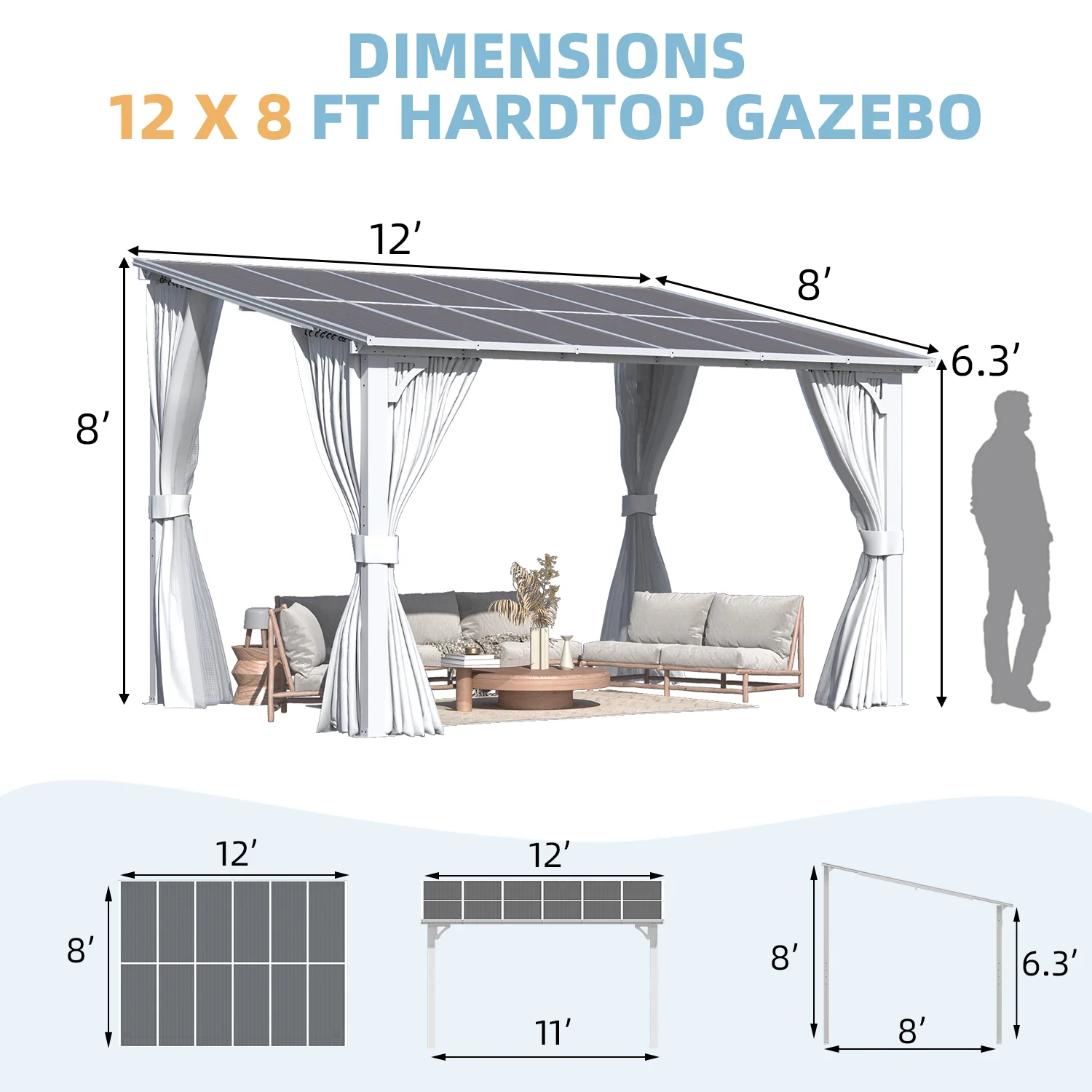 AECOJOY 12'x8' Wall Gazebo with Curtains and Mosquito Netting, White