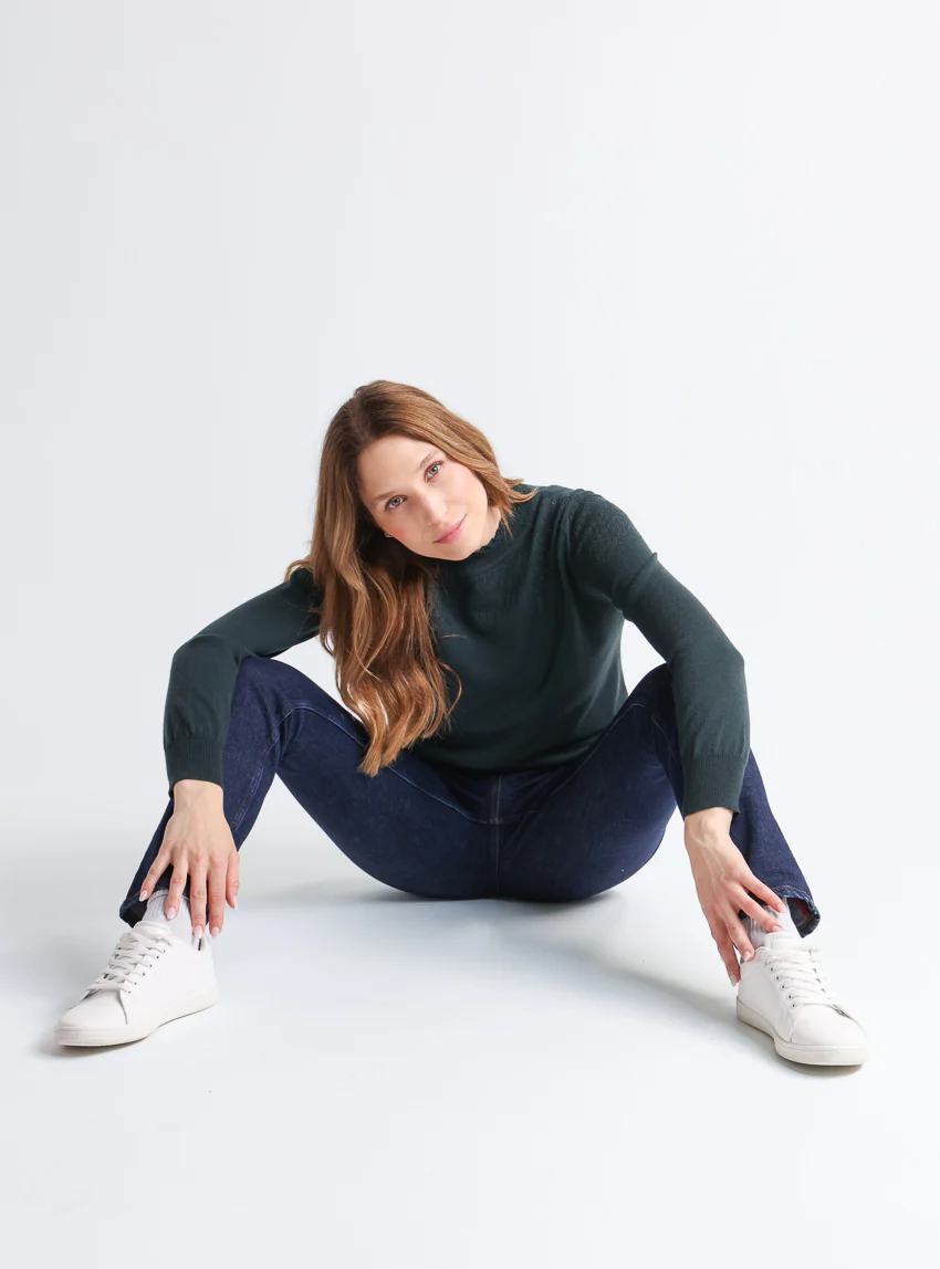 Pull femme col et maille fantaisie en laine merinos vert