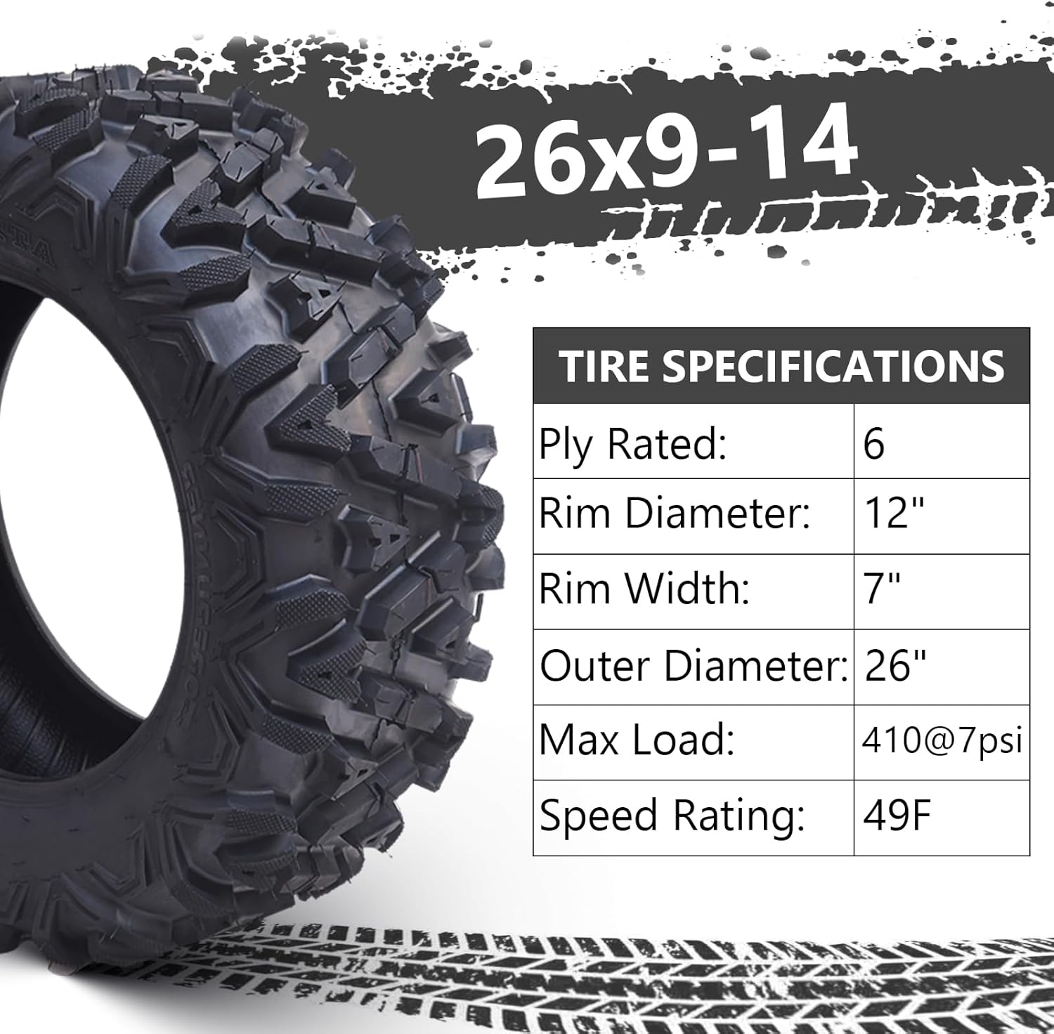Pneus VTT 26x12x12, lot de 2 pneus VTT 26x12-12 6PR, pneus tout-terrain VTT/SSV, ​​noirs