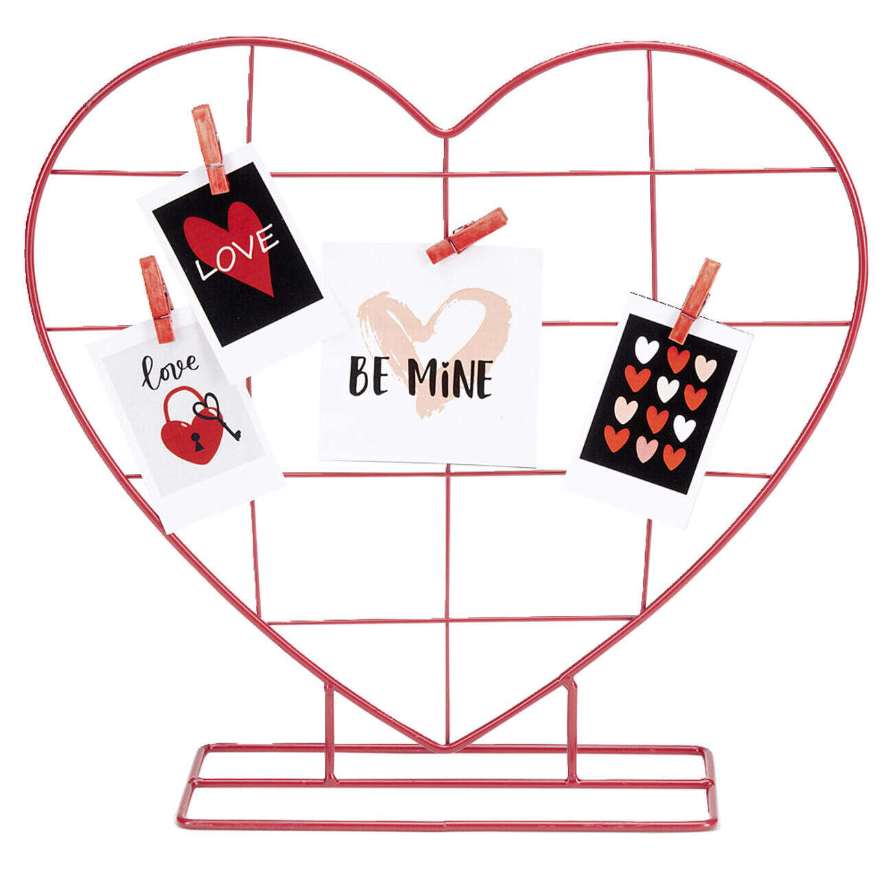 Pêle mêle à poser métal forme coeur rouge avec 4 pinces 34x10xH31cm