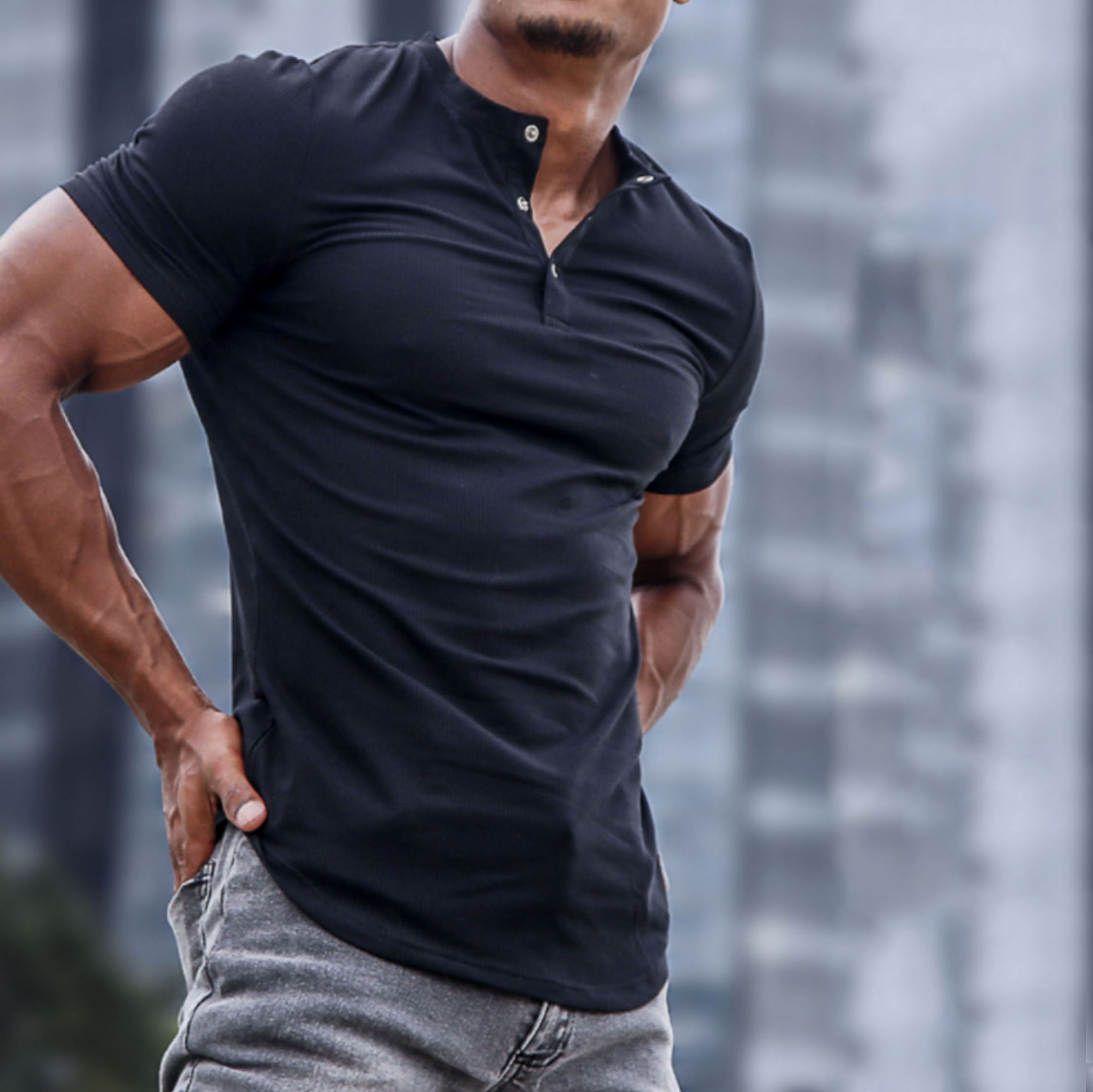 T-shirt Henley stretch slim pour homme, printemps/été