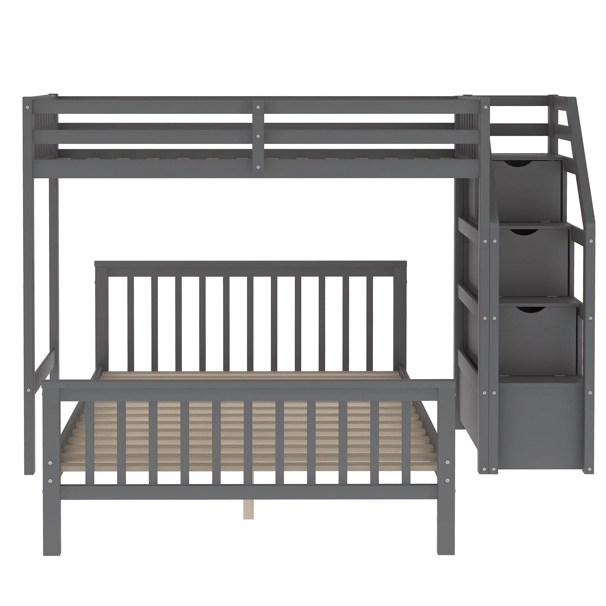Wood Stairway Twin Loft Bed with Full Platform and Drawer Image 4