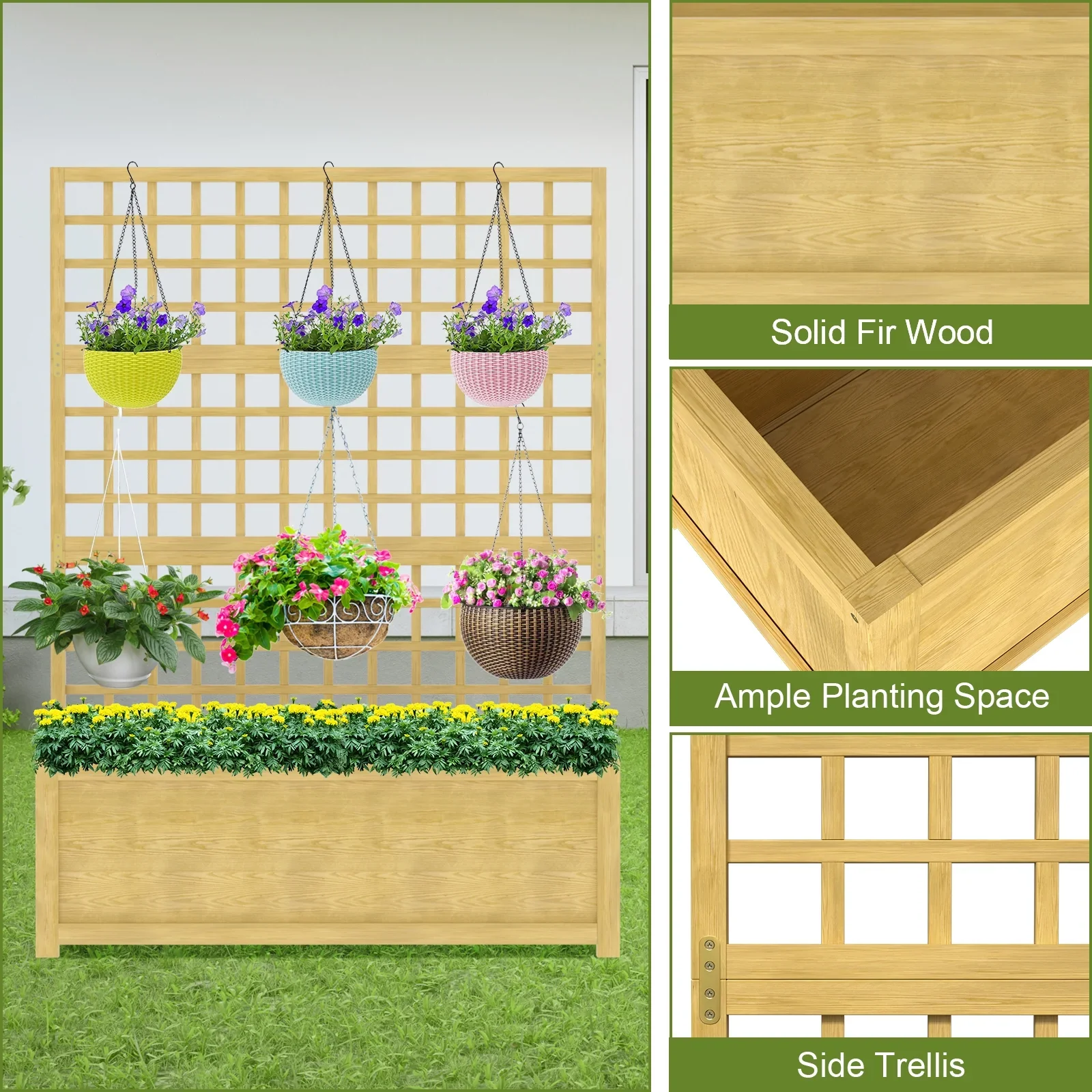 Slsy 63 Screen Raised Garden Bed, Wooden Planter Box with Hanging Roof & Drainage Holes, Indoor Outdoor Elevated Planter for Vine, Climbing Plants, Flowers, Patio & Garden