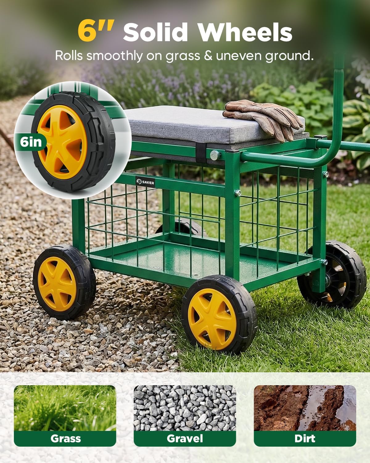 Saker Rolling Garden Cart with Seat & Wheels 15.7