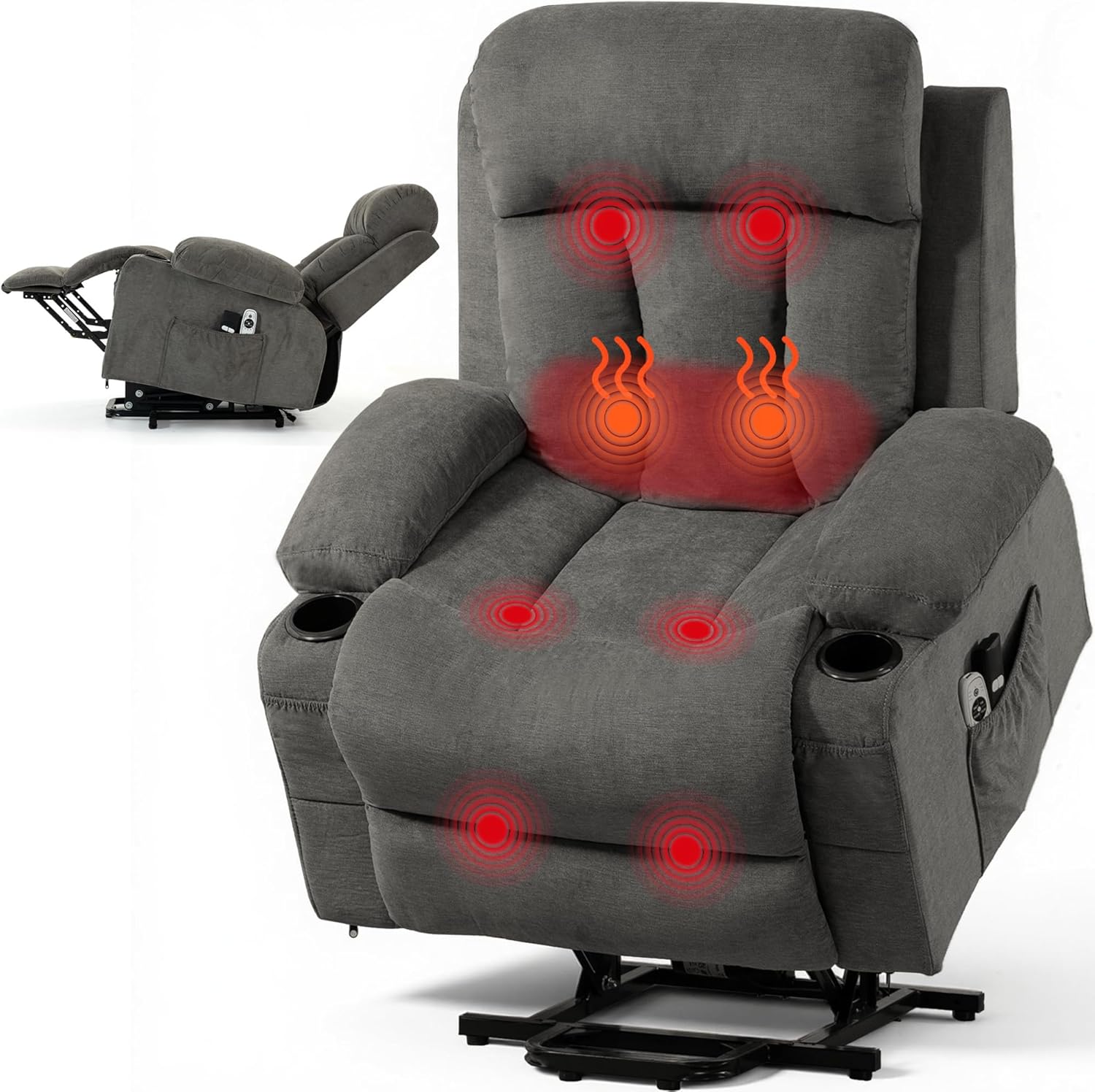 Lift Chair for Elderly with 8 Vibration Points Massage and Heat, Power Electric Recliner Featuring Cup Holders Side Pockets & USB Charge Port for Living Room, Gray