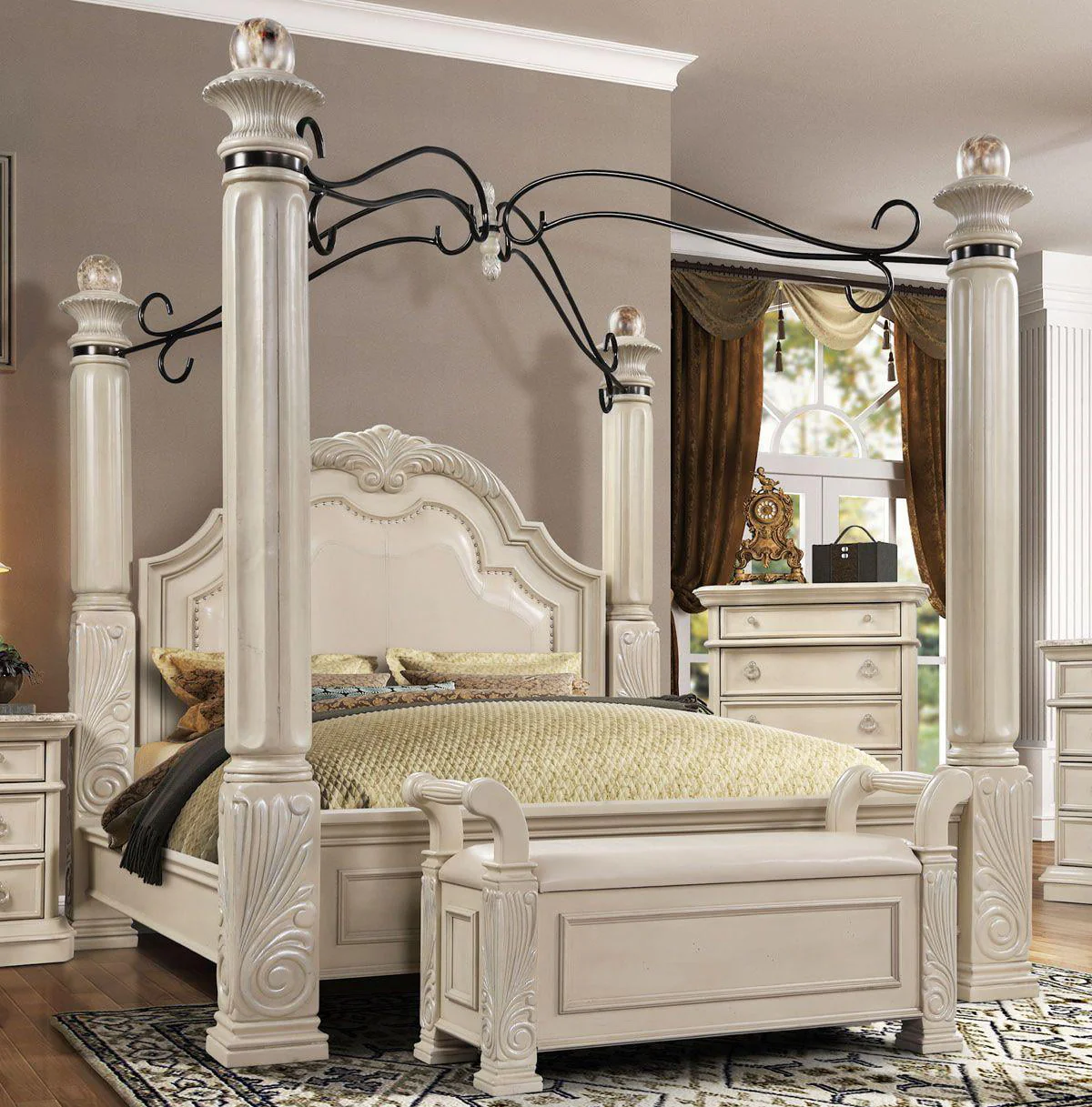 Antique White Solid Hardwood King Canopy Bed Mcferran B6006 Classic Traditional