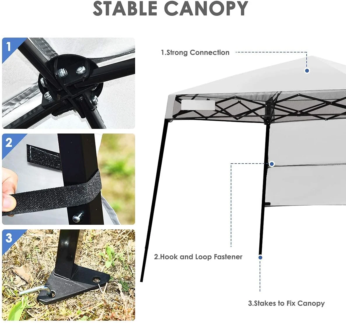 7x7 Ft Pop Up Canopy, Slant Leg Outdoor Tent with Carry Bag 4 Stakes, Compact Portable Canopy Tent for Hiking Camping Fishing Picnic, 7x7 Base, 6x6 top(7' x 7'/White) - Image 6