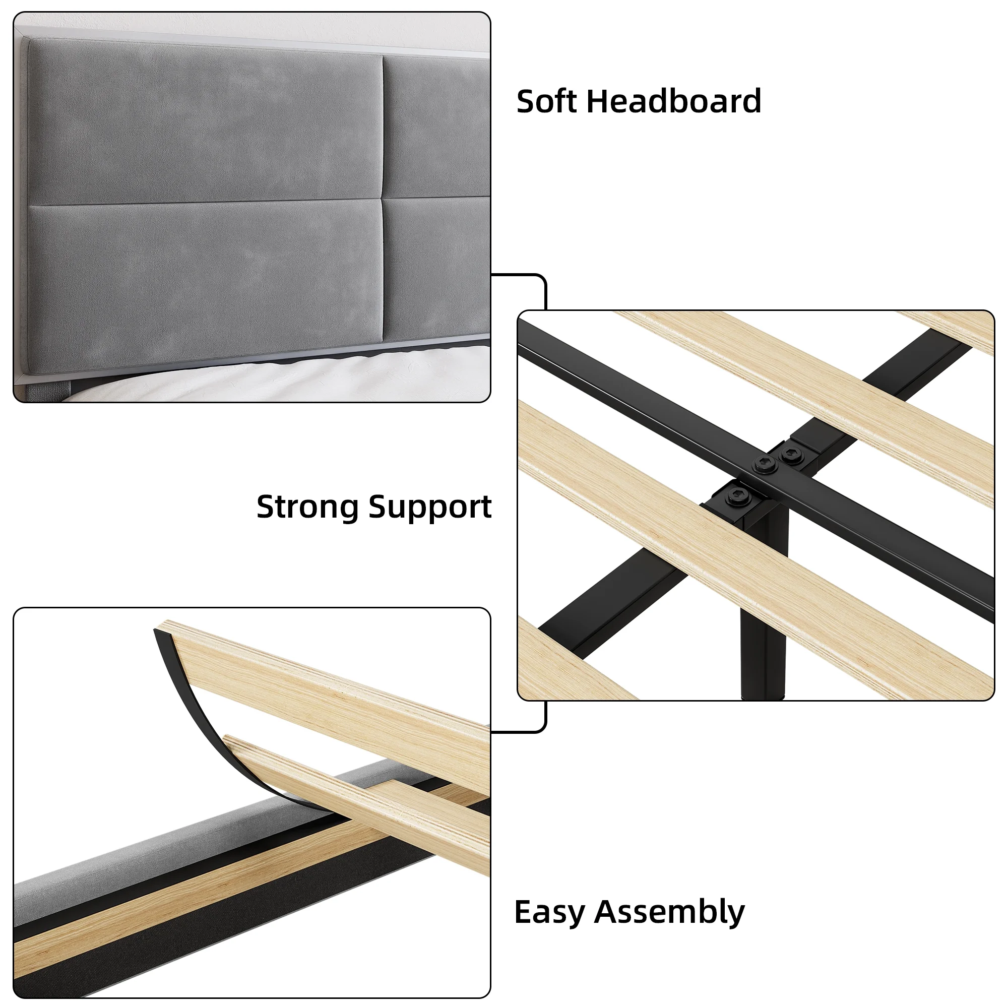 King Size Bed Frame Upholstered Platform, Bed Frame with Square Velvet Headboard, Wooden Slats Support, Non-Slip and Noise-Free, No Box Spring Needed, Easy Assembly(Light Gray)(King/Light Gray) - Image 5
