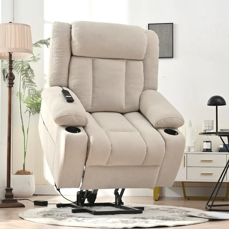 Elevated Recliner Chair for Seniors - Fabric Lift Chair with Extended Footrest, Dual Cup Holders, Side Pockets, and Remote Control