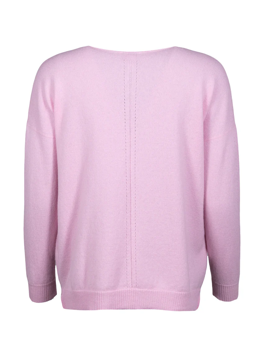 Pull femme col V laine et cachemire rose