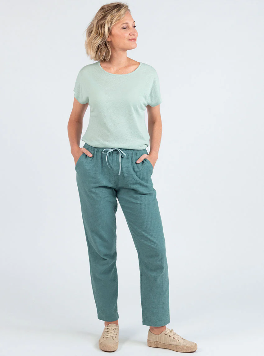 Pantalon femme coton gaufré vert littoral