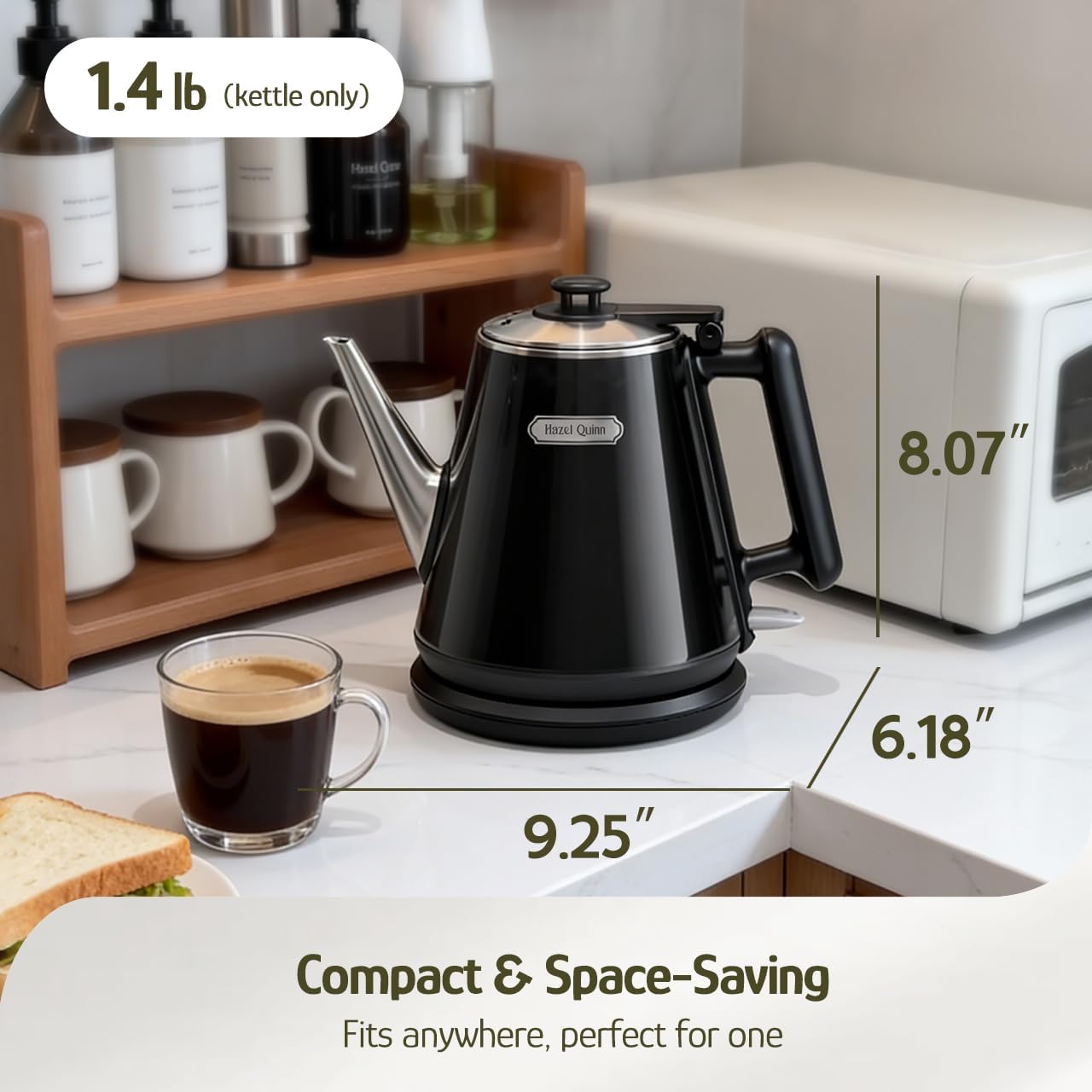 Hazel Quinn Electric Kettle, 1L/34oz Small Tea Kettle - Jet Black