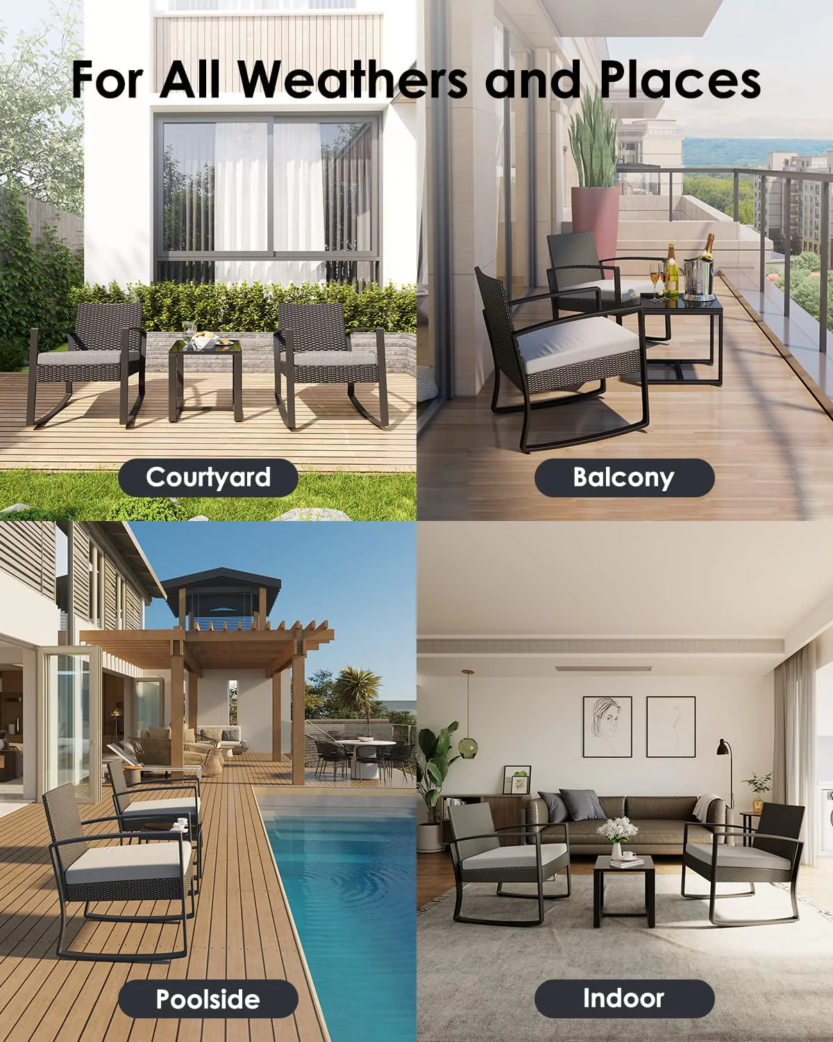 Patio Chairs Set, Outdoor Porch Balcony Furniture Set with Glass Coffee Table, Patio Rocking Wicker Chairs Set with Gray Cushion(Upgraded)(Gray) Image 3