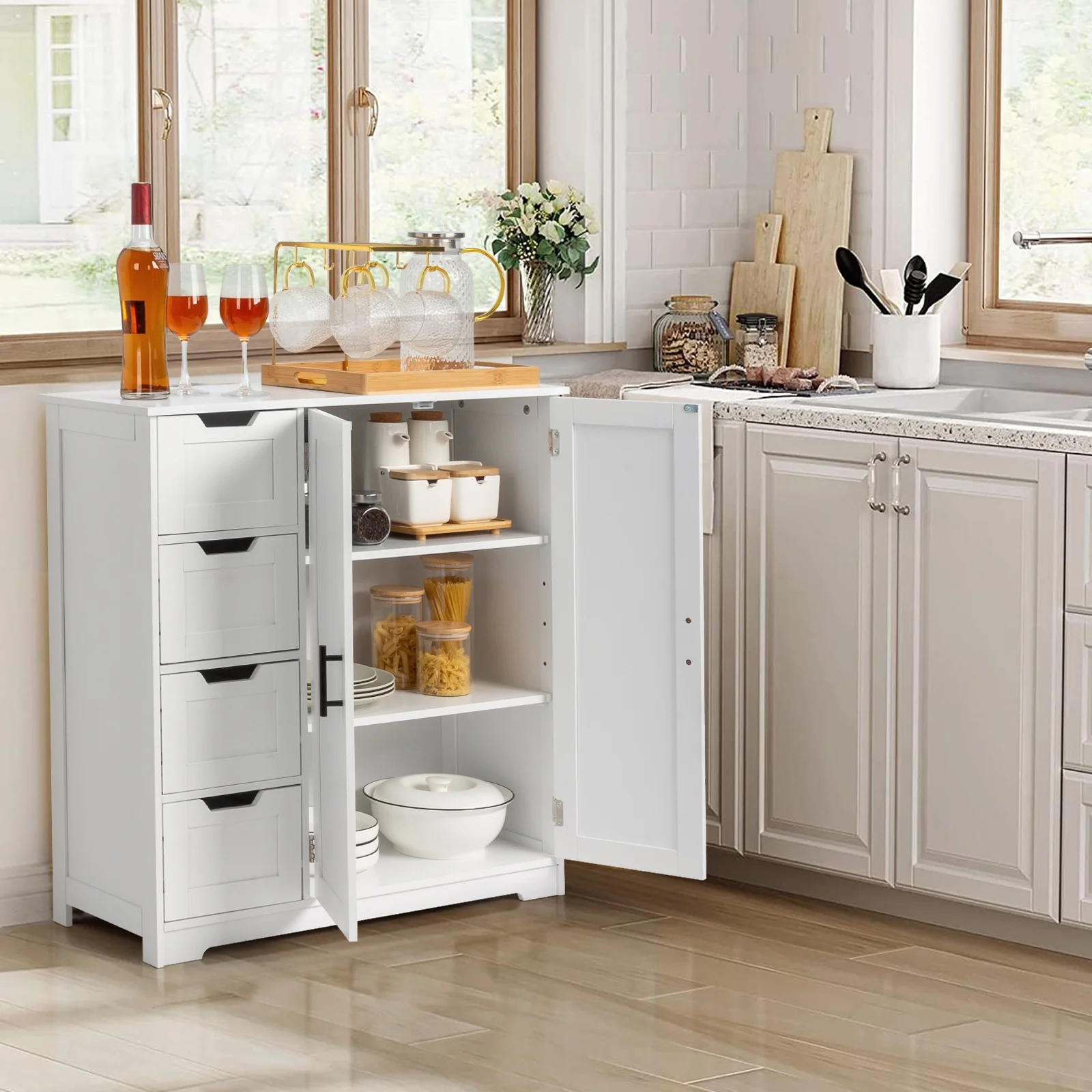 Wooden Bathroom Floor Cabinet with 4 Drawers 1 Cupboard for Living Room Entryway, White(White 4 Drawers) - Image 8
