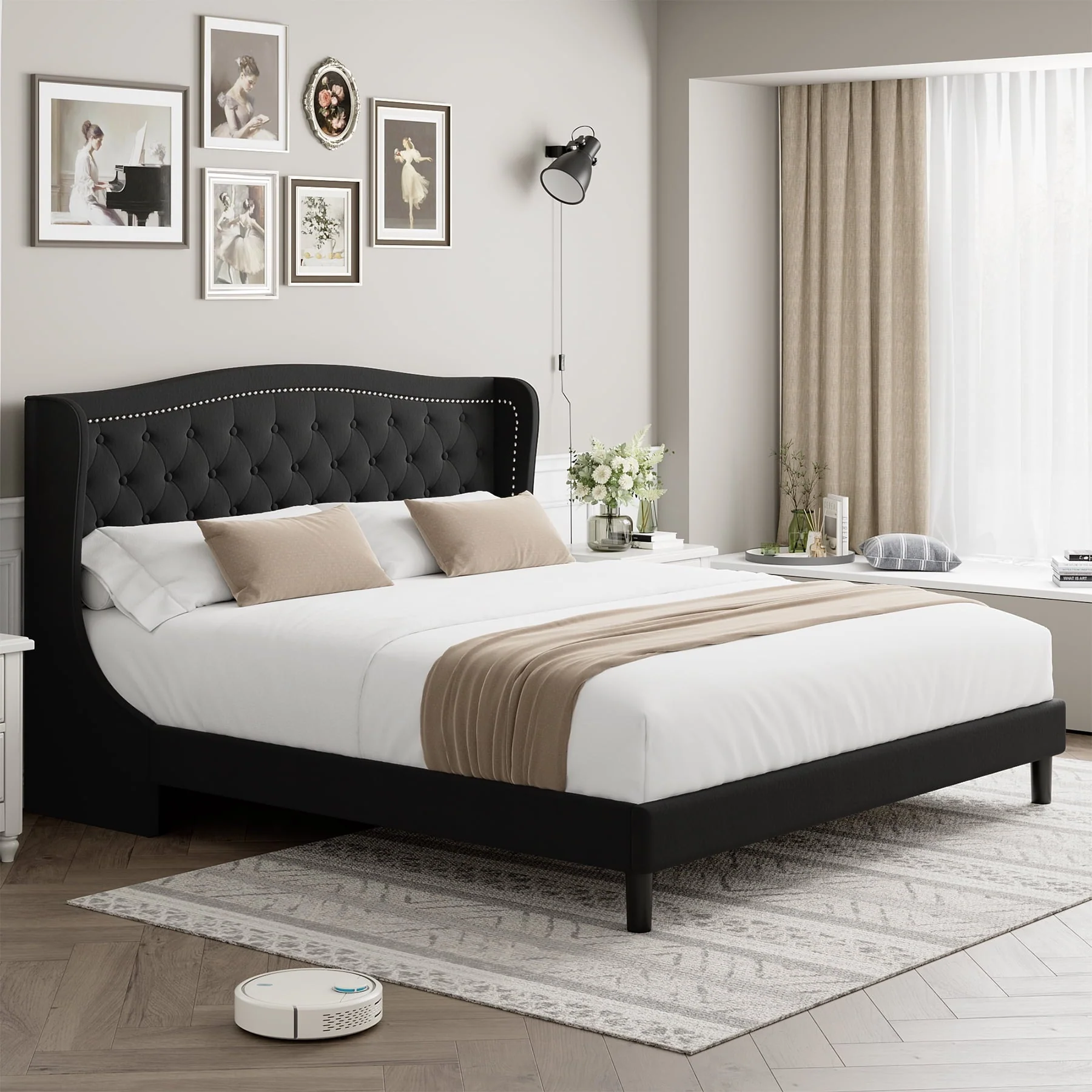 Homfa Queen Bed Frame, Wing-Back Button Tufted Upholstered Headboard, Modern Platform Bed Frame with Wood Slat Support for Bedroom, Black(Full/Beige)