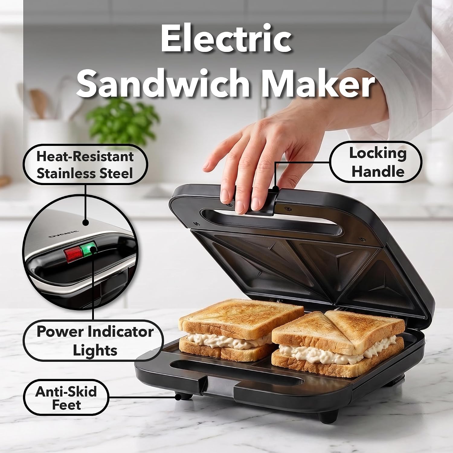 OVENTE Electric Sandwich Maker, 750W Non-Stick Plates, Black GPS401B| Perfect for Grilled Cheese, Tuna Melts, Omelets, French Toast, Breakfast Favorites, Light Meals, and Snacks