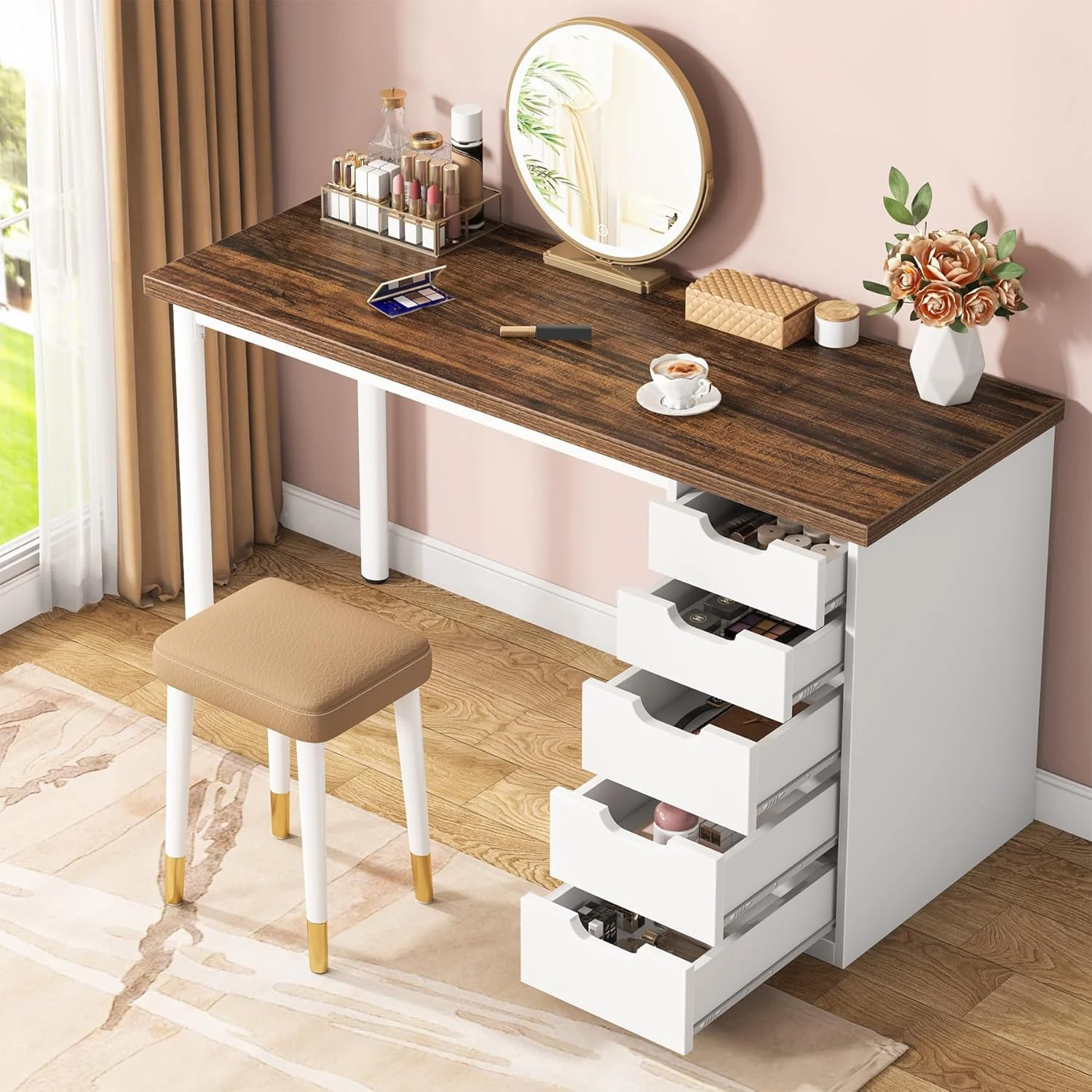 47 inches Vanity Desk with 5 Drawers, Rustic Makeup Dressing Table with Storage, Modern Simple Computer Desk for Women, Girls (Brown)(Brown) - Image 2
