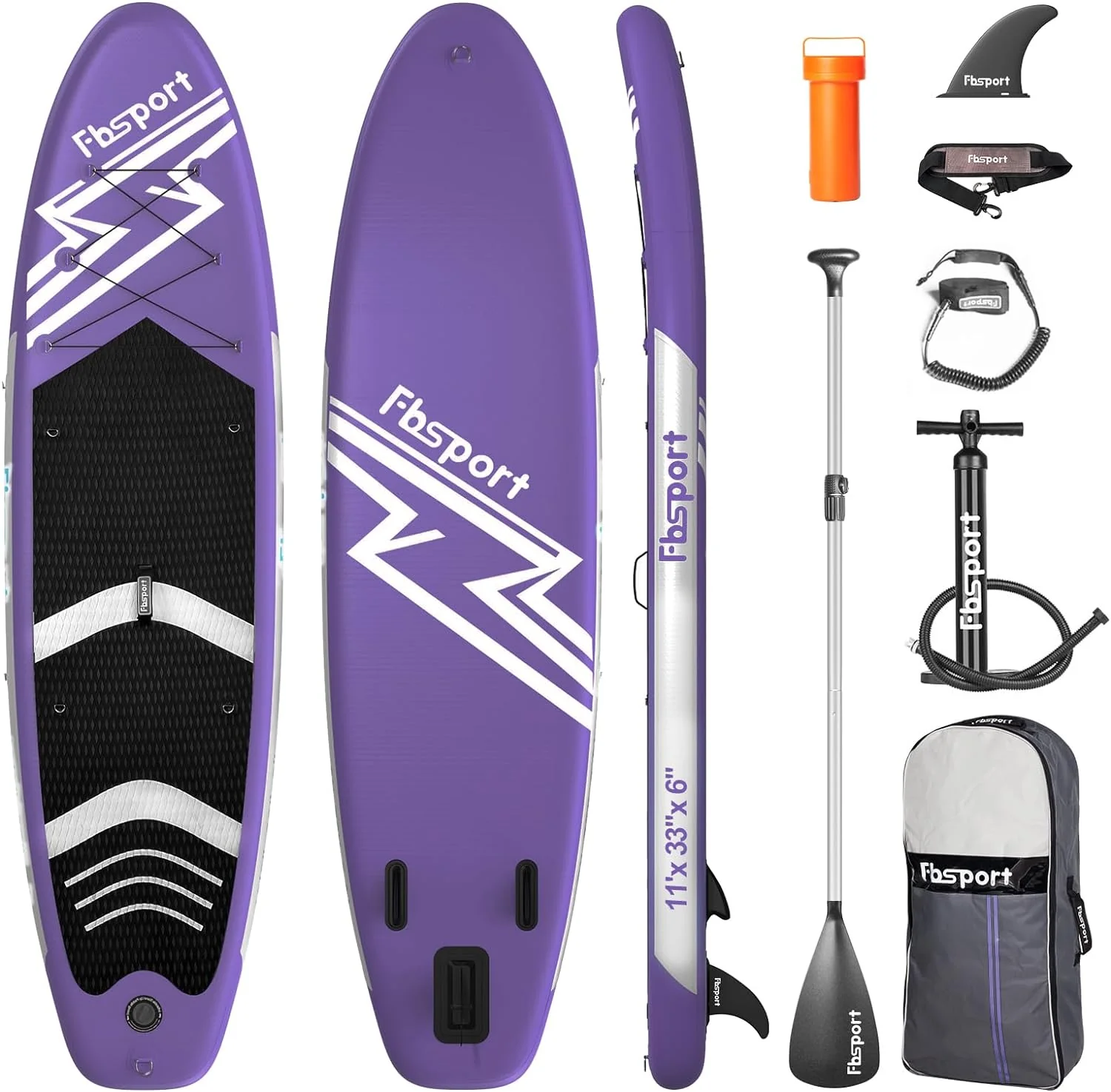 Planche de SUP premium FBSPORT 11', planche de yoga avec accessoires SUP résistants et sac de transport | Position large, contrôle des vagues, pont antidérapant, leash, pagaie et pompe inclus pour enfants et adultes