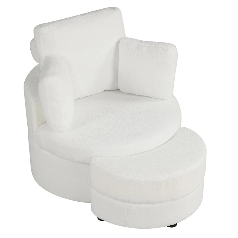 360° Swivel Accent Barrel Chair with Half Moon Storage Ottoman, Teddy Fleece Single Sofa Set with 3 Removable Pillows for Living Room & Bedroom