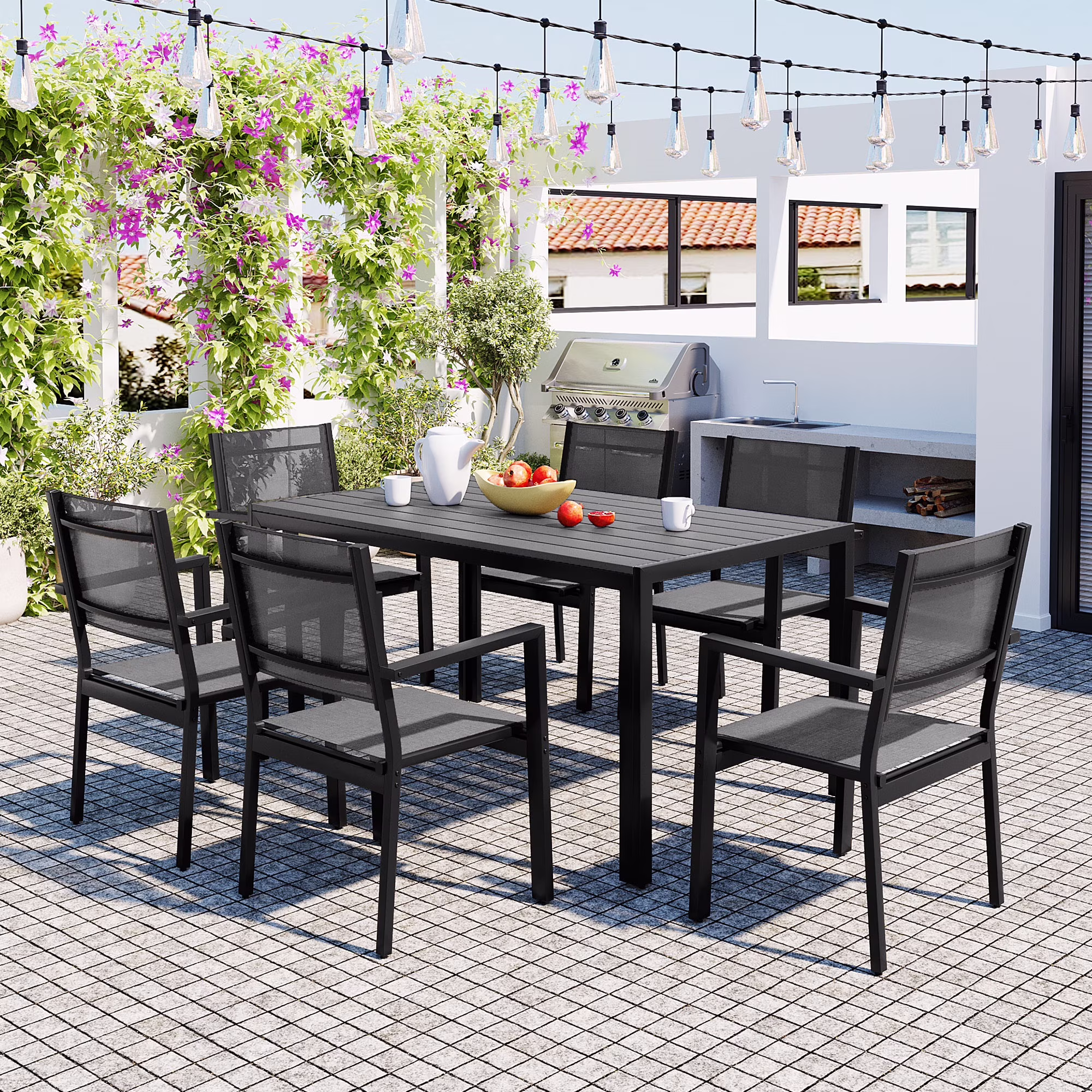 7 Piece Outdoor Dining Set, Patio Dining Table Set for 6 Persons, Garden Patio Textilene Dining Furniture Set with Plastic-Wood Tabletop, Dining Table Chairs Conversation Set for Deck Patio(Brown) - Image 9