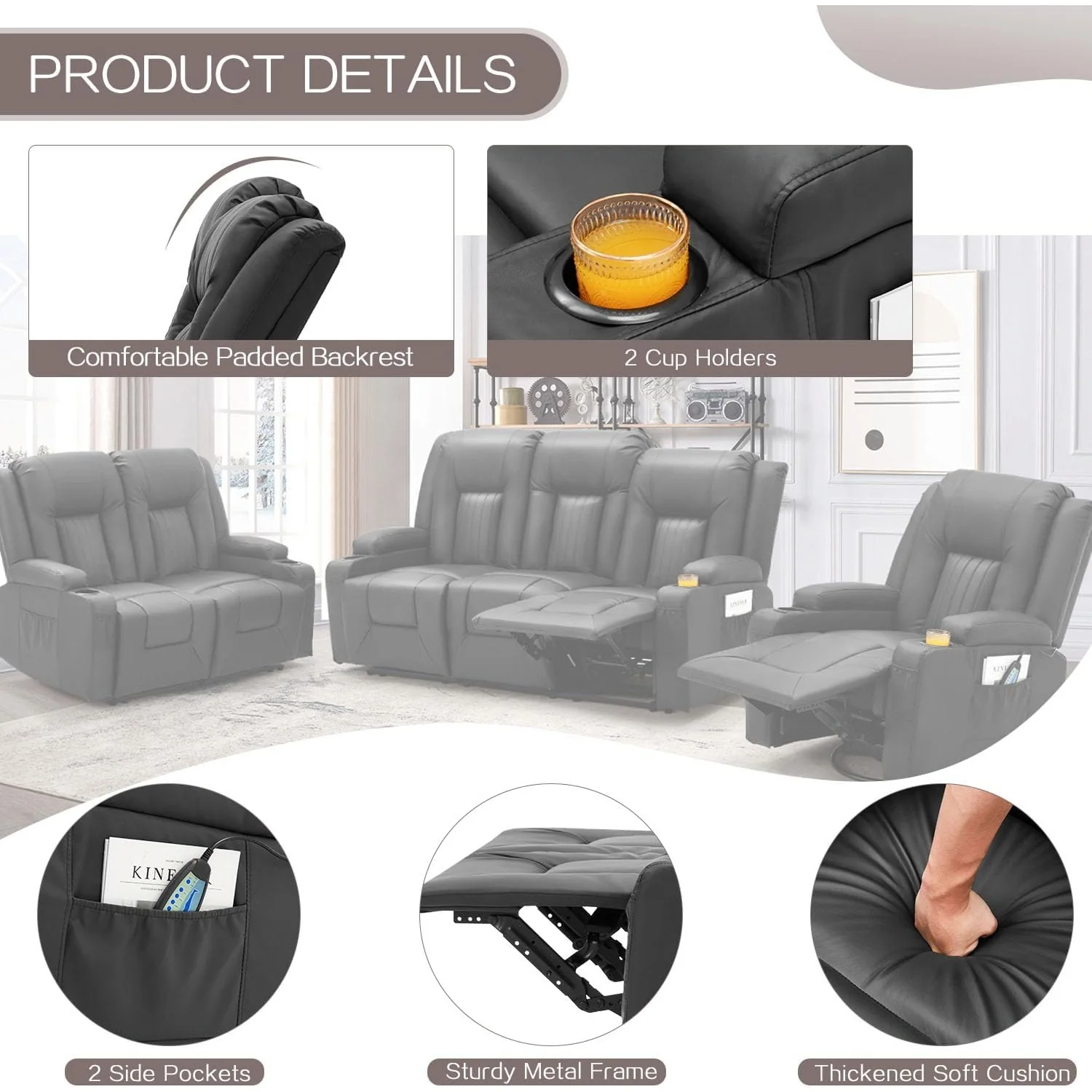 AECOJOY 3 Pieces Leather Recliner Sofa Set with Swivel Massage Chair, Black