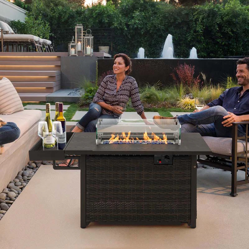 52" 50,000 BTU Outdoor Wicker Gas Fire Pit Propane Fire Table with Waterproof Cover, Wind Guard & Extended Storage Shelf for Patio Backyard