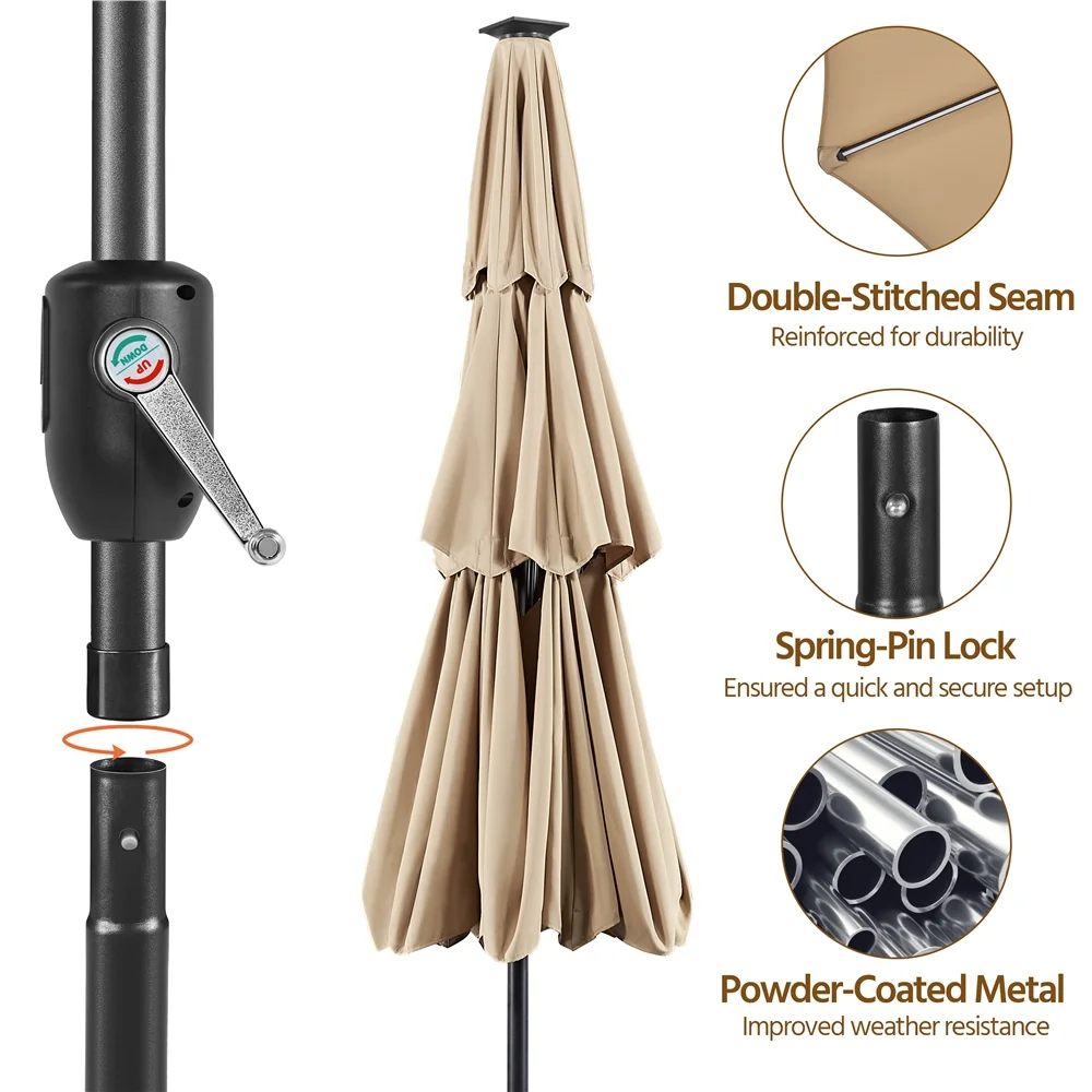 10 Ft Outdoor Patio Parasol with Color-Changing LED Strip, Tan(Beige) - Image 10