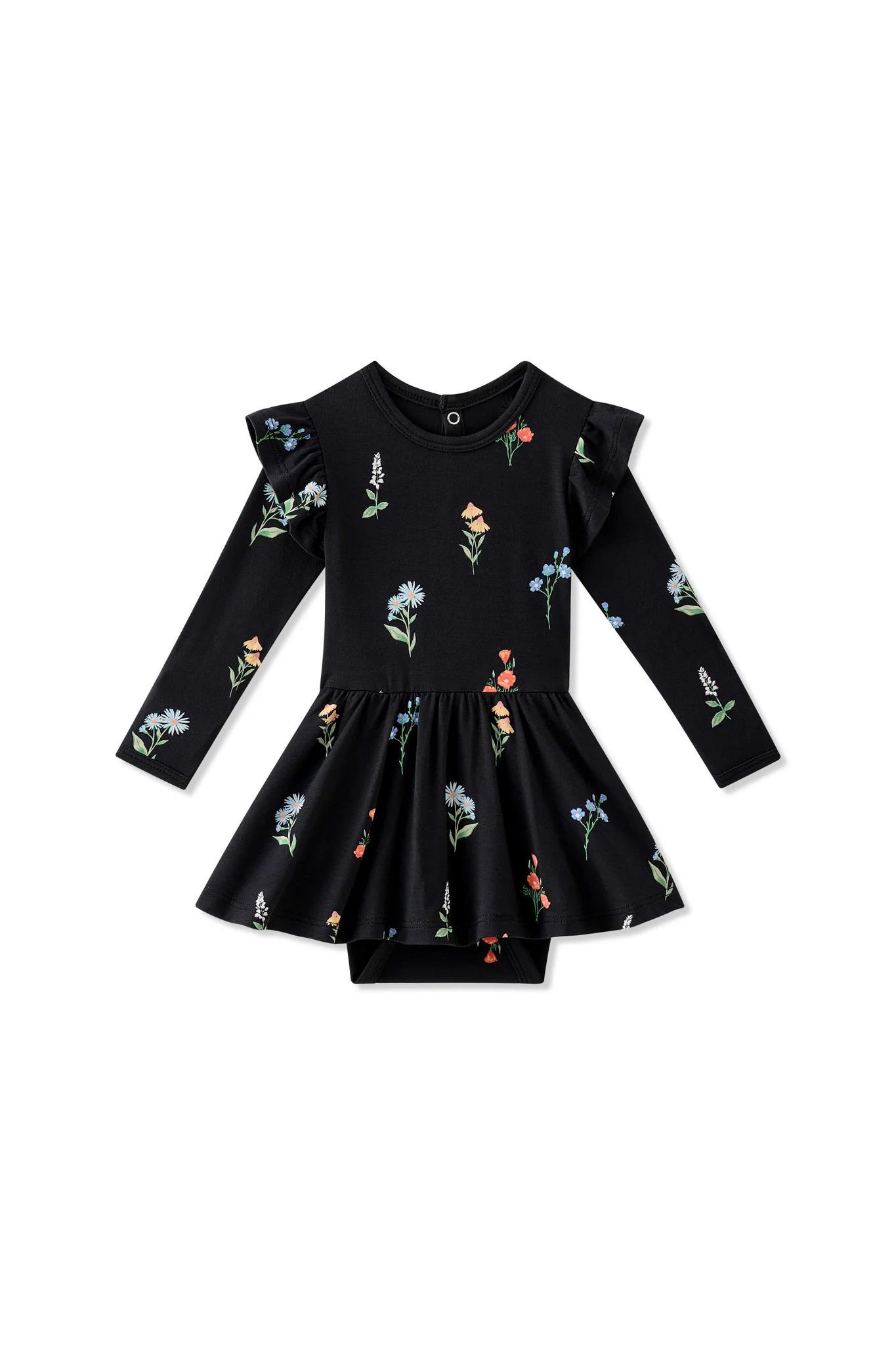 Long Sleeve Twirl Bodysuit Dress in Midnight Wildflower