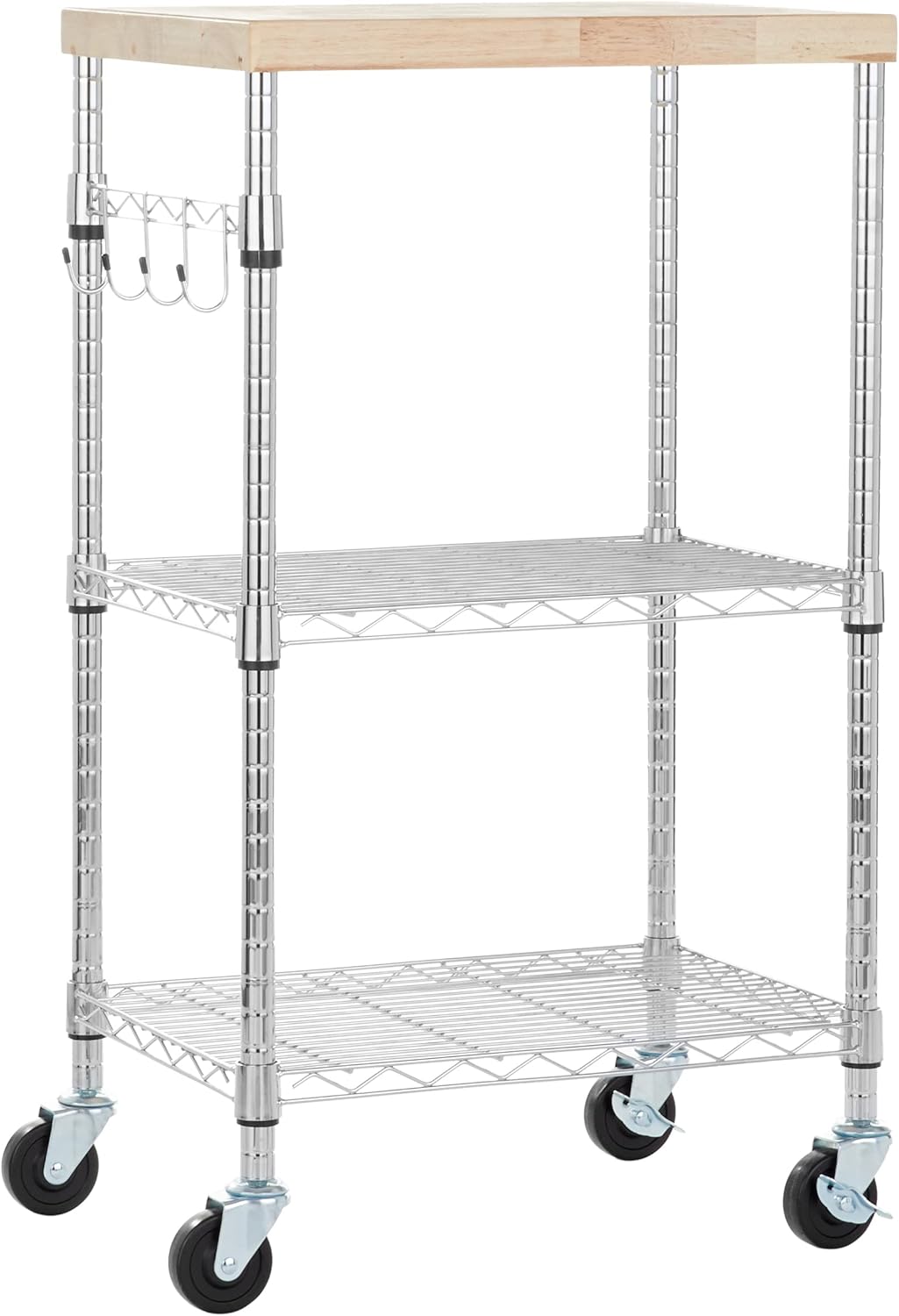 Amazon Basics Portable Kitchen 3-Tier Storage Rack on Caster Wheels with Adjustable 2 Shelves, 175 Pound Capacity, 21 x 15 x 36.7 inches (LxWxH), Wood/Chrome