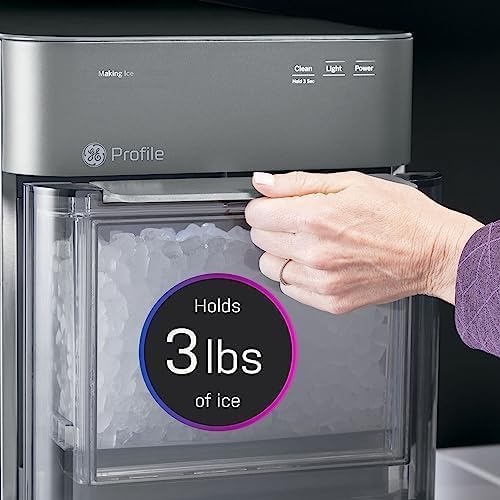Machine à glaçons GE Profile Opal 2.0 XL avec réservoir de 3,8 litres, glaçons en pépites croquants et faciles à mâcher, pelle incluse, 17 kg en 24 heures, avec Wi-Fi et fonctionnalités intelligentes, en acier inoxydable.
