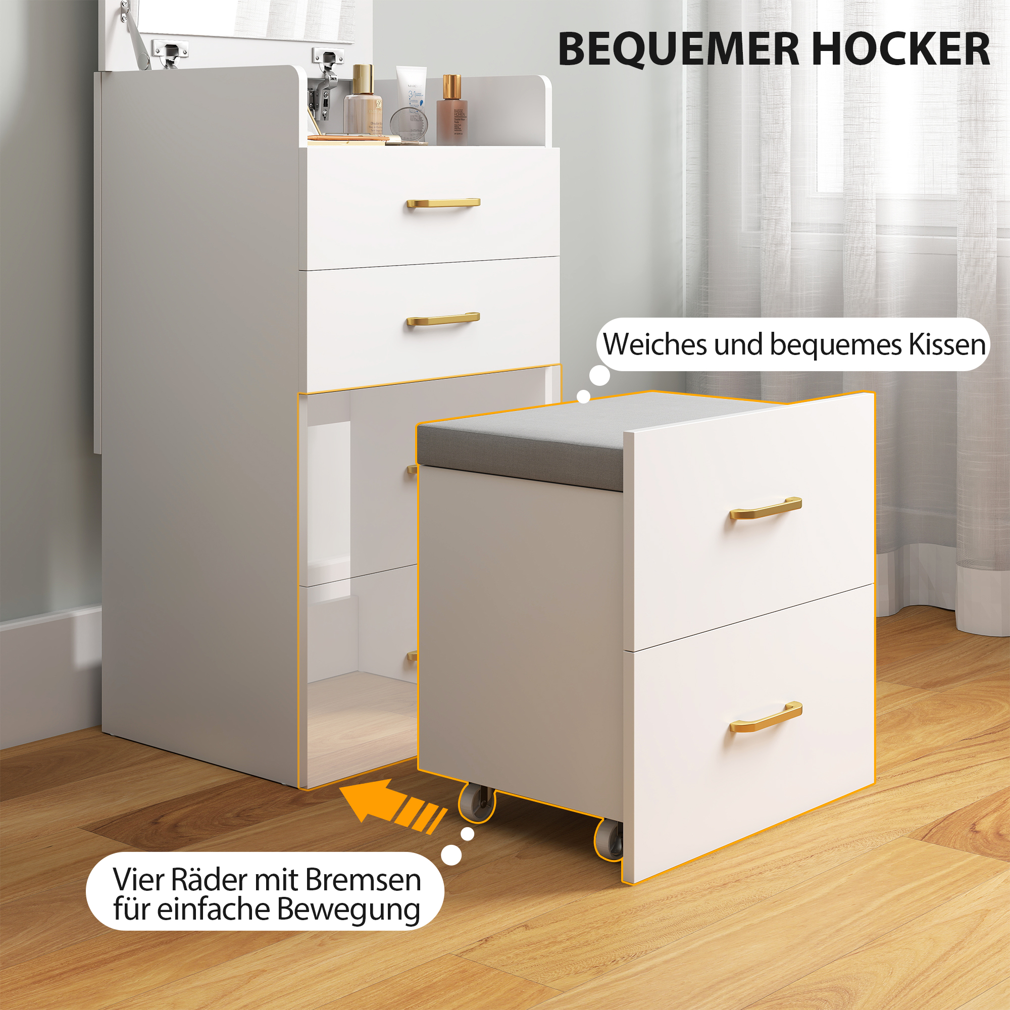 HOMCOM 3-in-1 Make-uptafel met Spiegel, Nachtkastje, Rollende Kruk, Lades, Wit