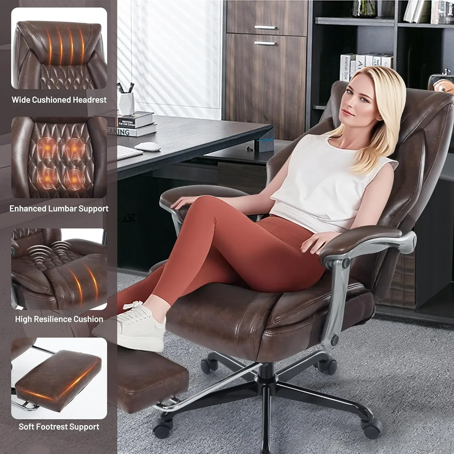 Fauteuil de bureau massant avec chauffage et repose-pieds, fauteuil de bureau ergonomique inclinable de direction