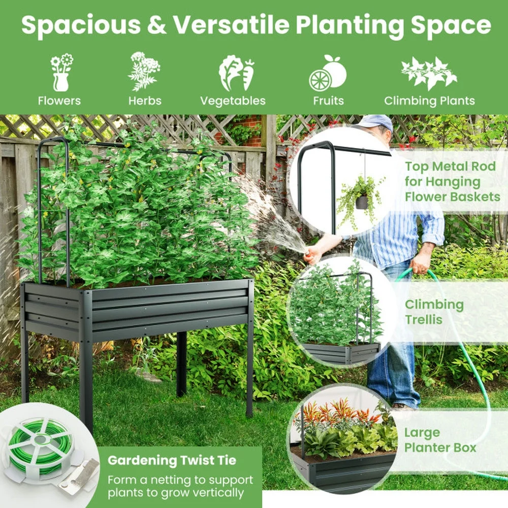Barara King Raised Garden Bed Planter Box,3-in-1 Raised Garden Bed with Greenhouse Cover and Trellis-Grey