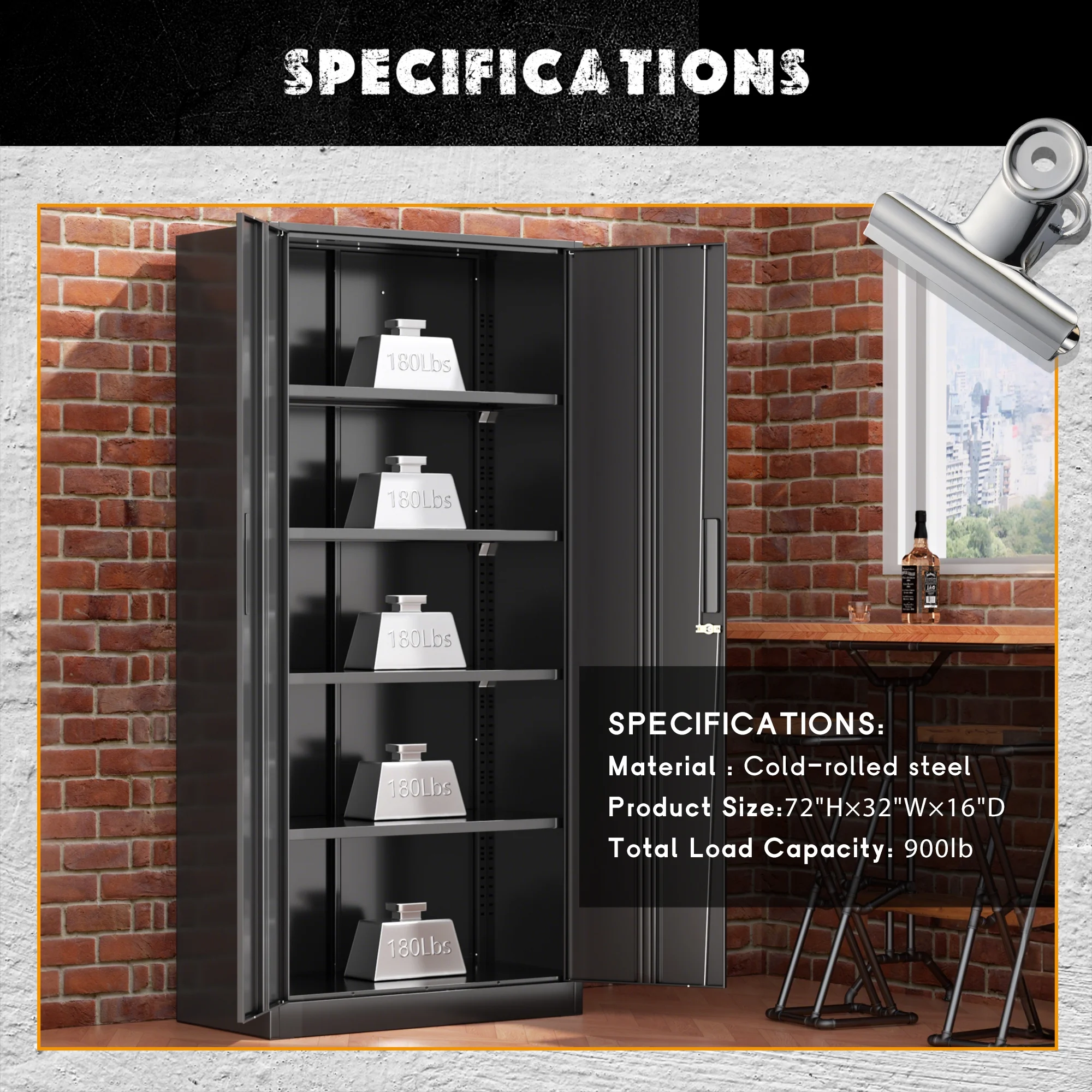 71" Metal Garage Storage Cabinet with Locking Doors and Adjustable Shelves for Home, Office(Black)(Black) Image 6