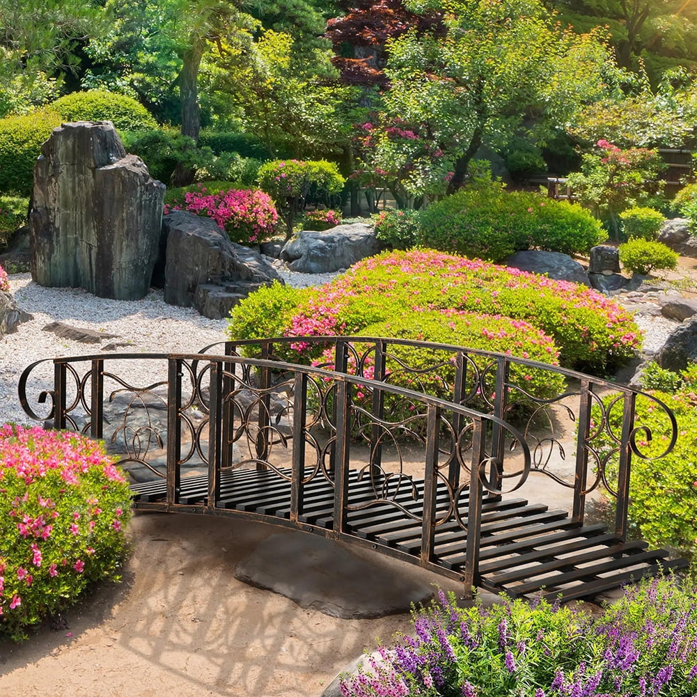 Demifill 6Feet Metal Arch Backyard Garden Bridge with 660 lbs. Weight Capacity, Safety Siderails, Vine Motifs, Easy Assembly for Backyard Creek, Stream, Pond, Black