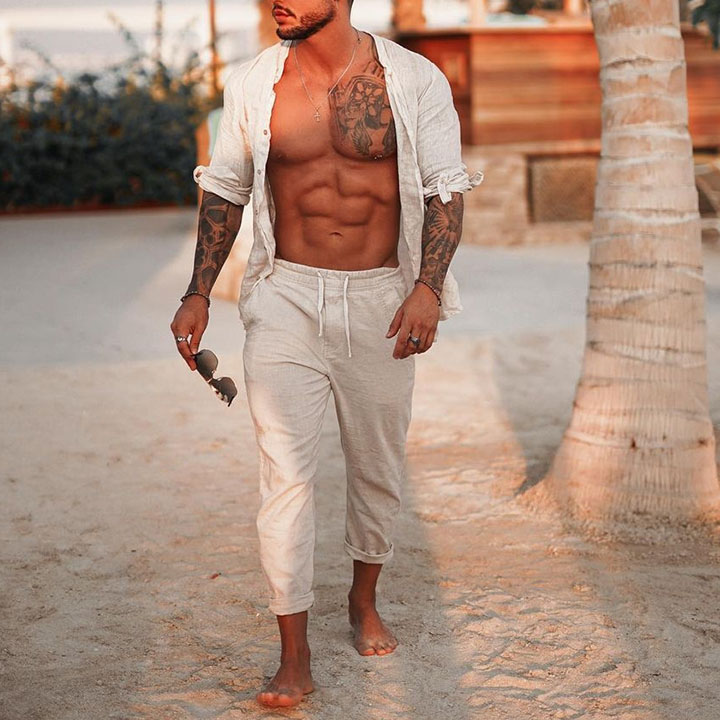 Pantalon de vacances uni en lin pour homme