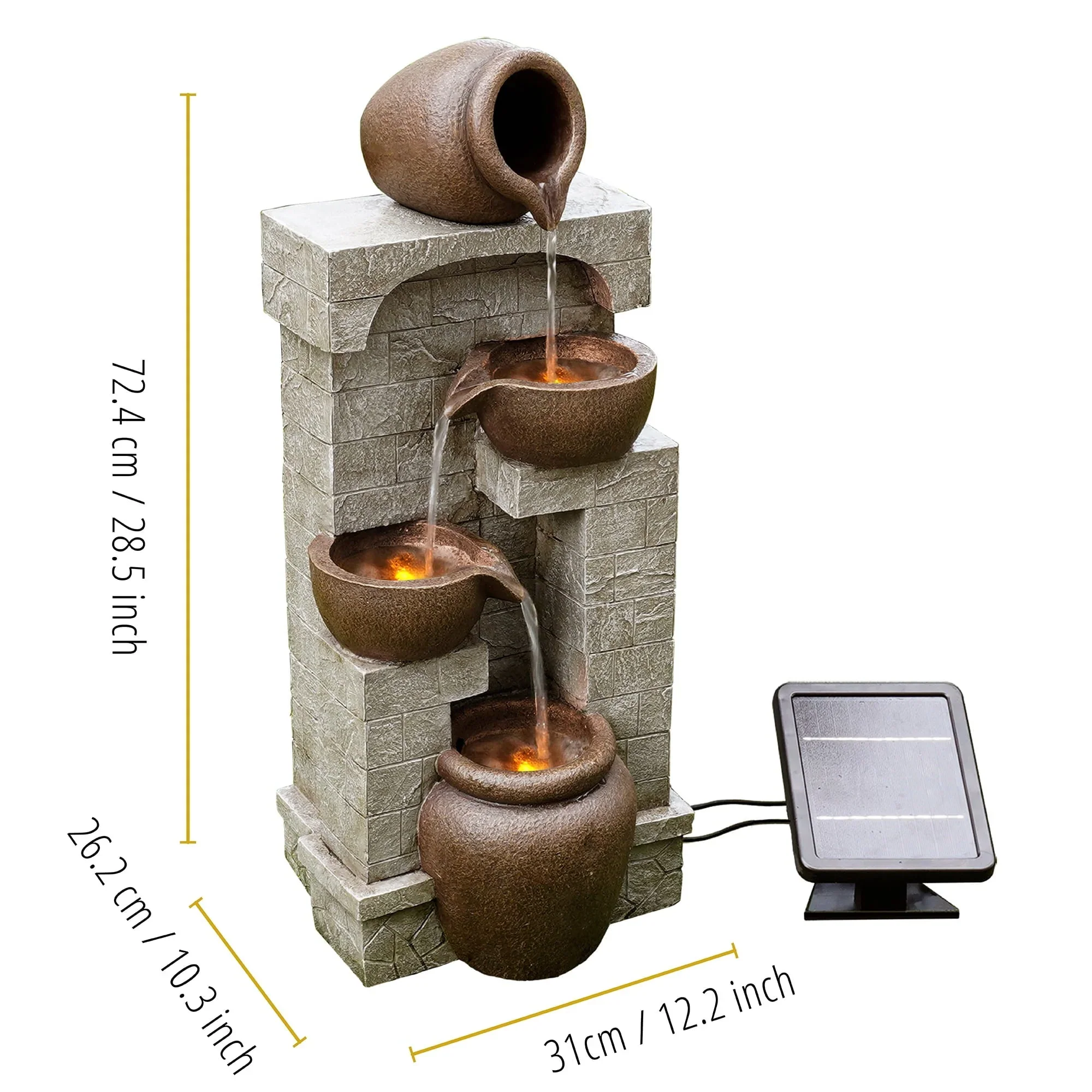 Teamson Home 28.5 Solar Powered 4-Tier Cascading Bowls & Stacked Stones Garden Water Fountain with LED Lights, Brown