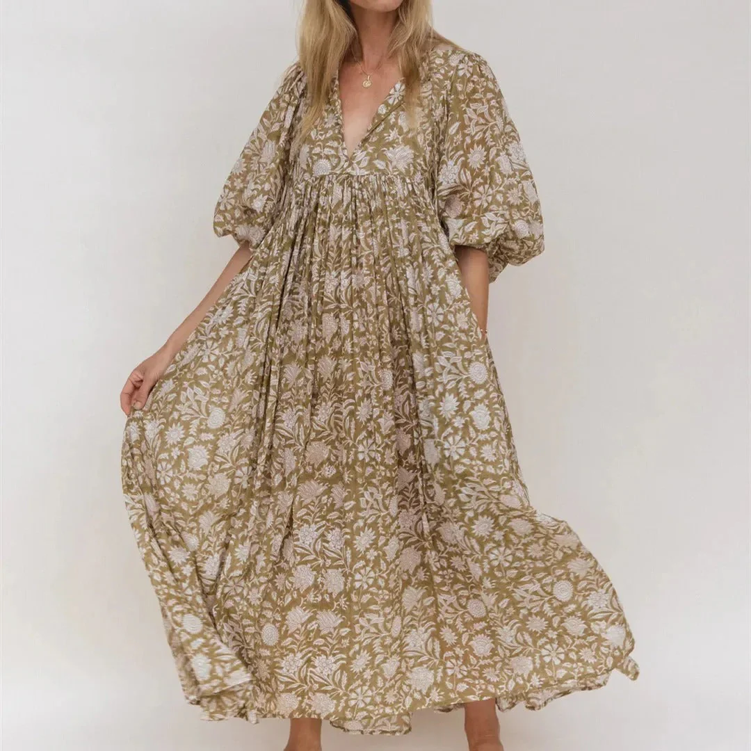 Robe Longue Bohème Femme à Manches Bouffantes - Idéale Été Élégante