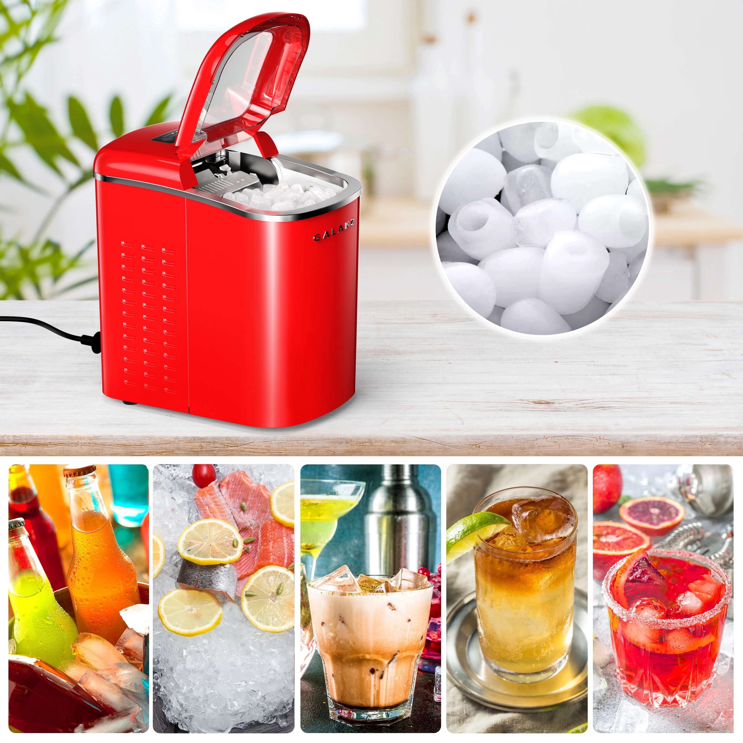 Portable Countertop Electric Maker Machine 26 lbs in 24 Hours, 9 Bullet Shaped Cubes Ready in 9 Minutes, 2 Ice Sizes, Perfect for Parties Home Bar, 2 1 L, Retro Red(Red) Image 7