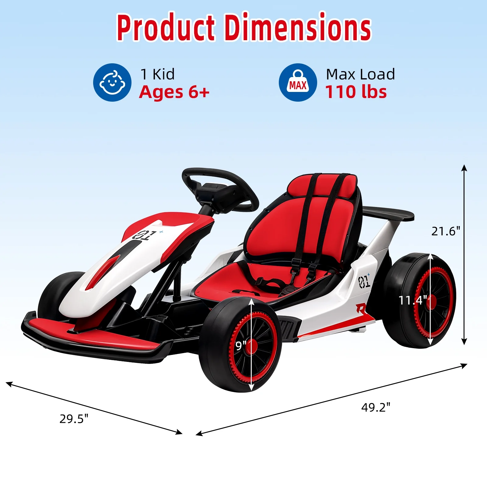 24V Drift Kart with 2X150W Strong Motor, 7AH Big Battery, Electric Pedals, Electric Go Kart Outdoor Race Toy(49.2" x 29.5" x 21.6"/Red) - Image 4