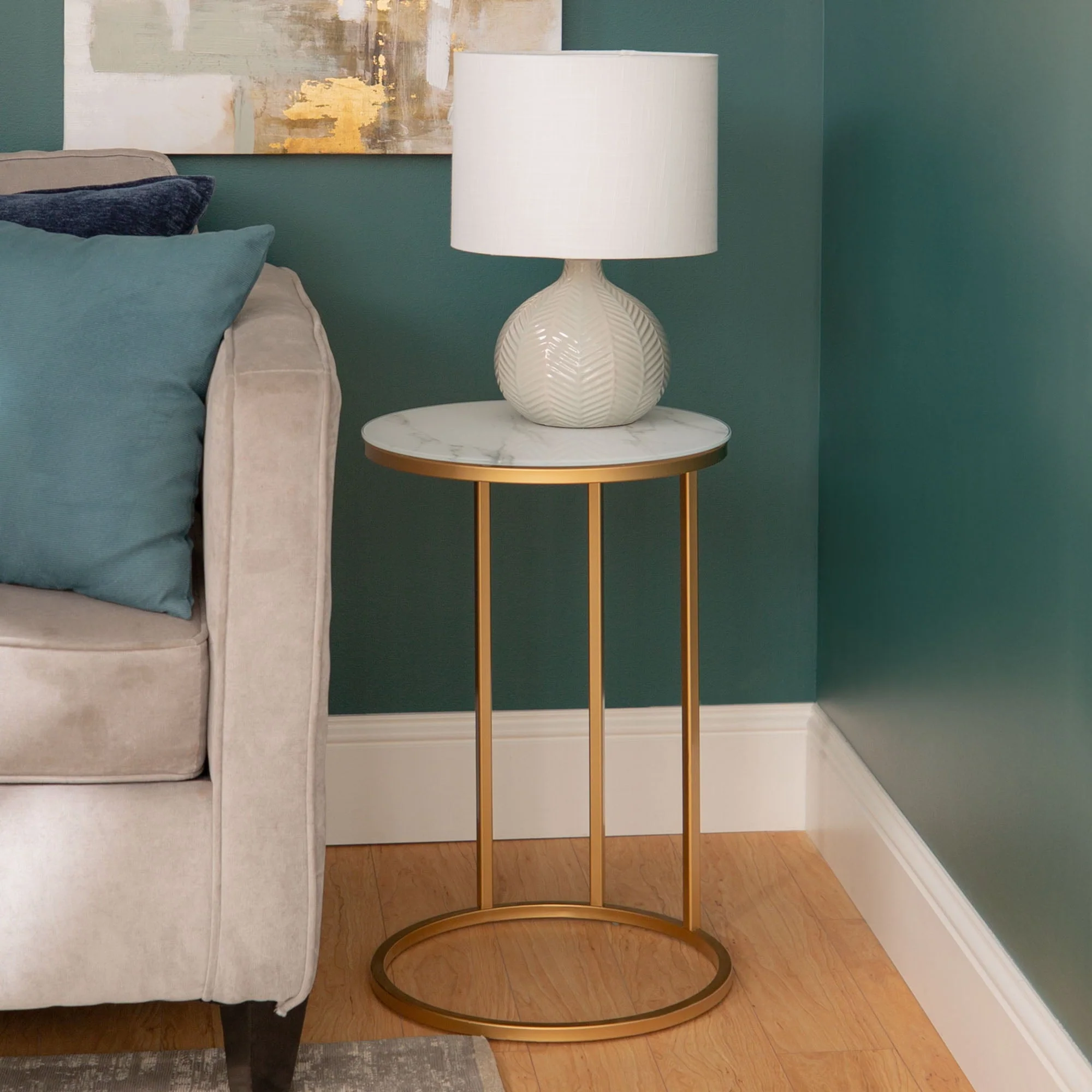 Ember Interiors Modern Glam Athena C Shaped End Table, Faux Marble/Gold(Clear / Chrome) Image 6