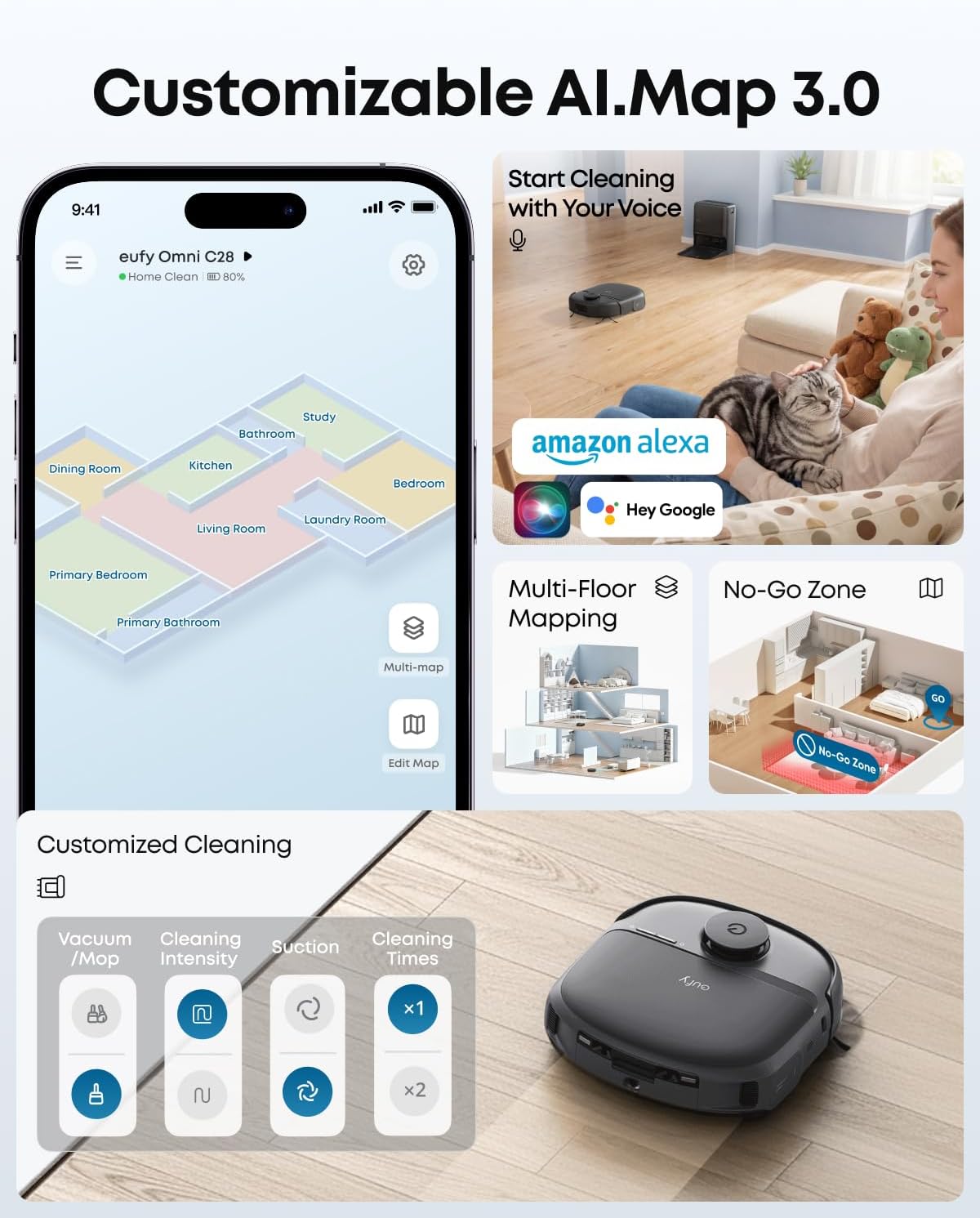 eufy Robot Vacuum C28, HydroJet™ Self-Cleaning Roller Mop, DuoSpiral™ Detangle Brush, 15,000 Pa Turbo High Suction, All-in-One Robot Vacuum