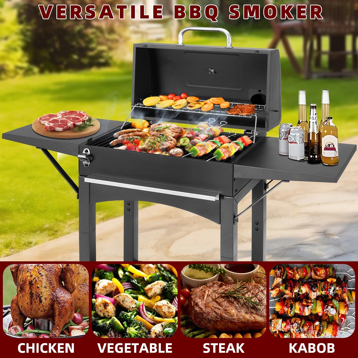 Charcoal Grill with 2 Side Tables 343 Sq.In. for BBQ Outdoor Cooking