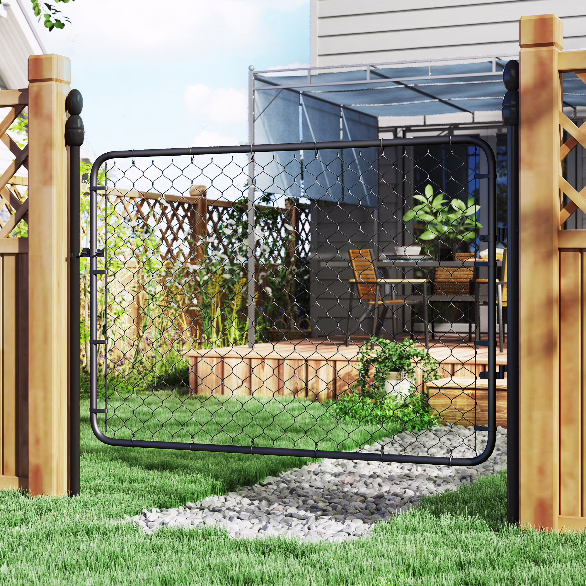 Outsunny Garden Gate Chain Link Fence Gate, Galvanized Steel Garden Door for Yard Entrance Way, 47.2 x 70.9 in., Black