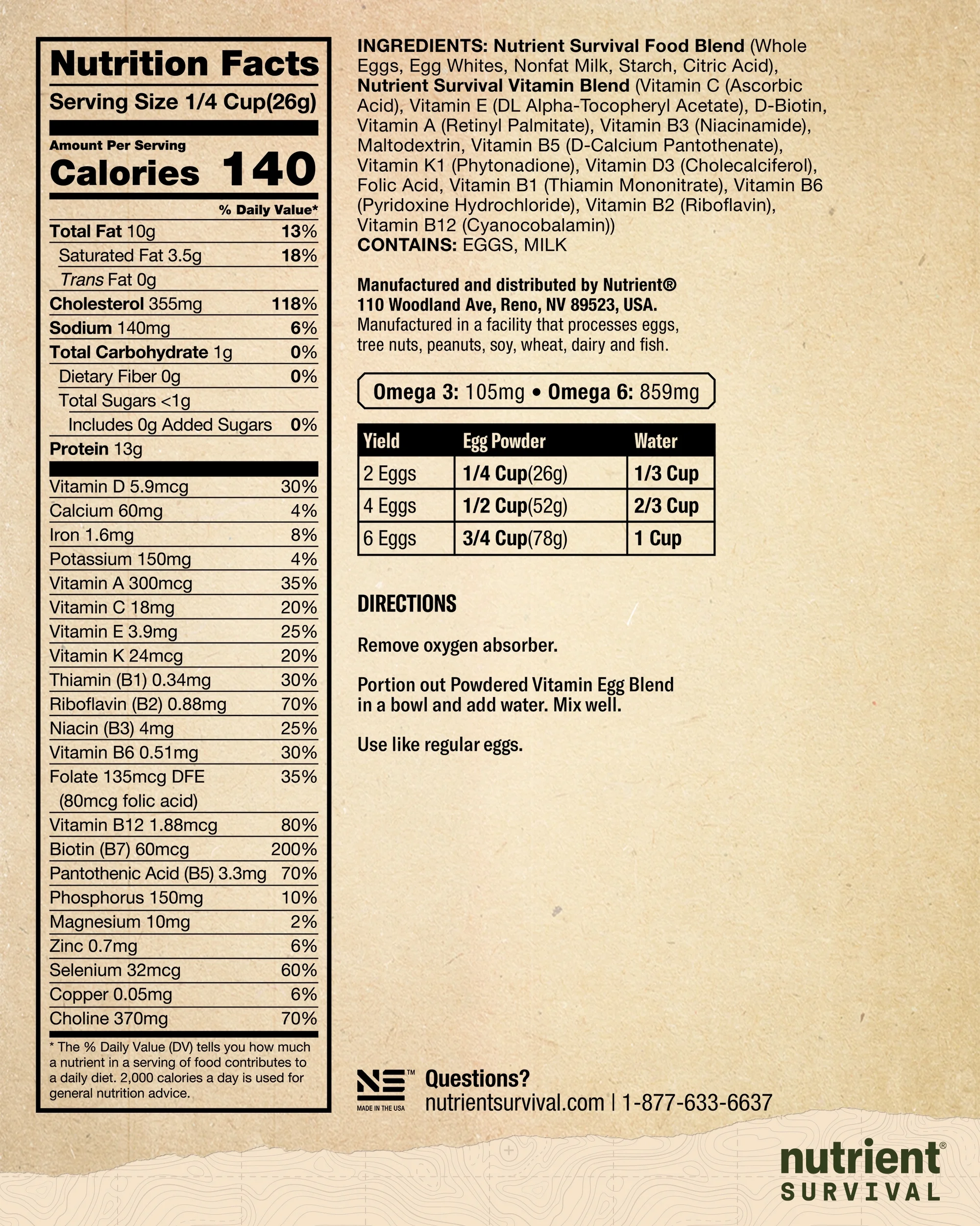 70 Egg Equivalent Nutrient Survival Vitamin Powdered Eggs Blend, Freeze Dried Prepper Supplies & Emergency Food Supply, 33 Essential Nutrients, Gluten Free, Shelf Stable up to 25 Years